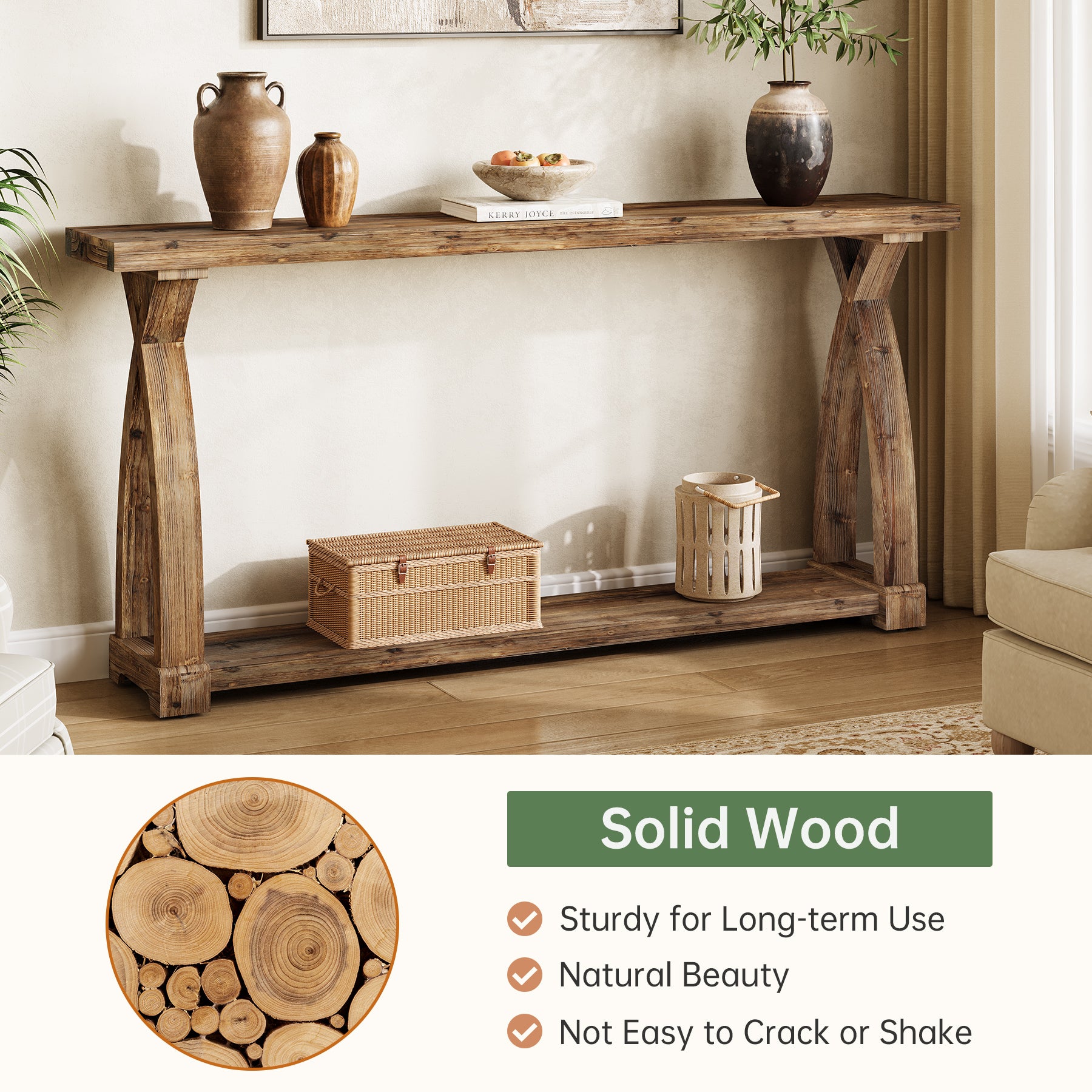 Tribesigns 63-Inch Solid Wood Console Table, Narrow Farmhouse Design with 2-Tier Storage for Entryway and Living Room