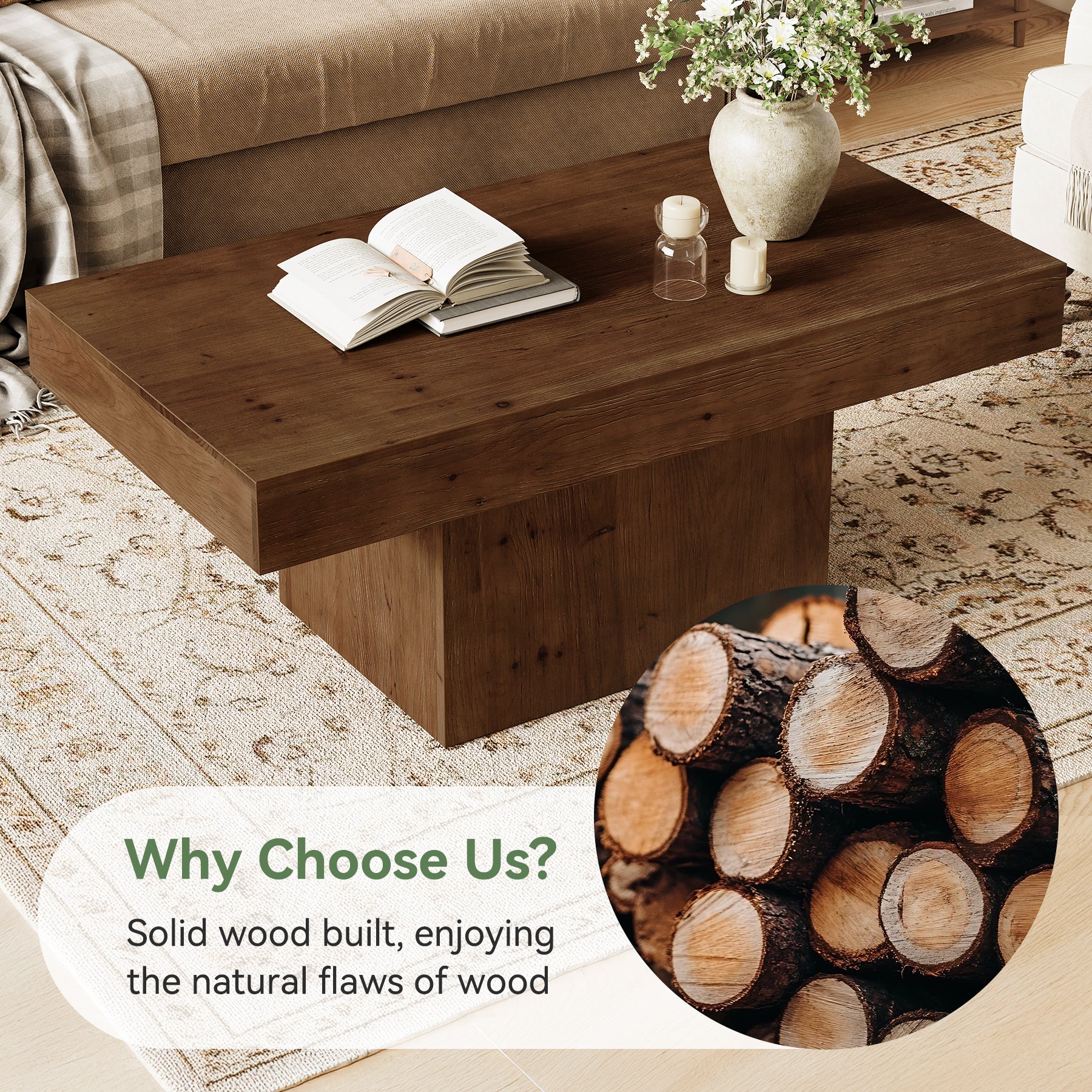 Tribesigns 47.24-Inch Solid Wood Coffee Table, Mid Century Modern Rectangle Center Table with Wooden Pedestal for Living Room