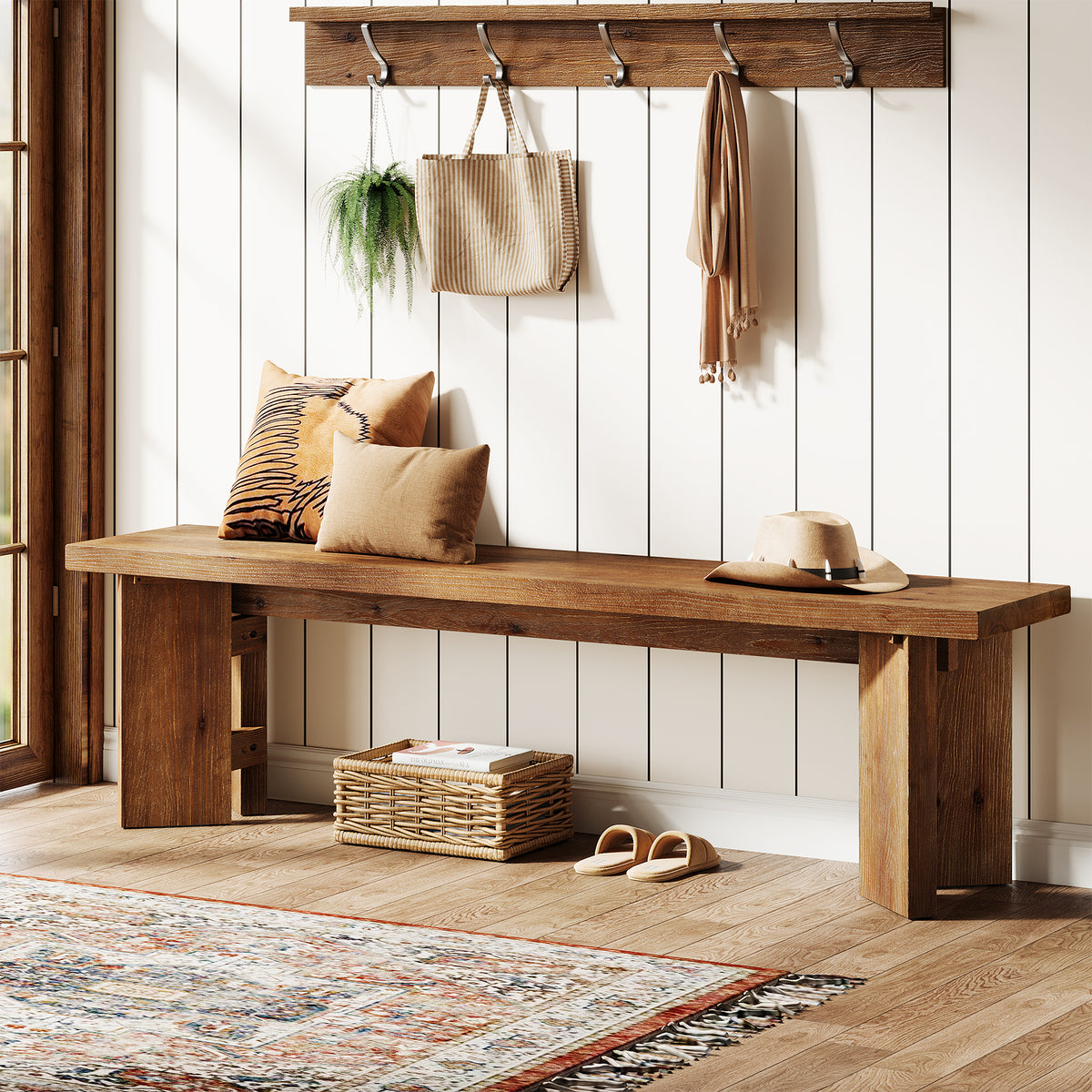 Tribesigns 63 Inch Solid Wood Entryway Bench with Thickened Legs