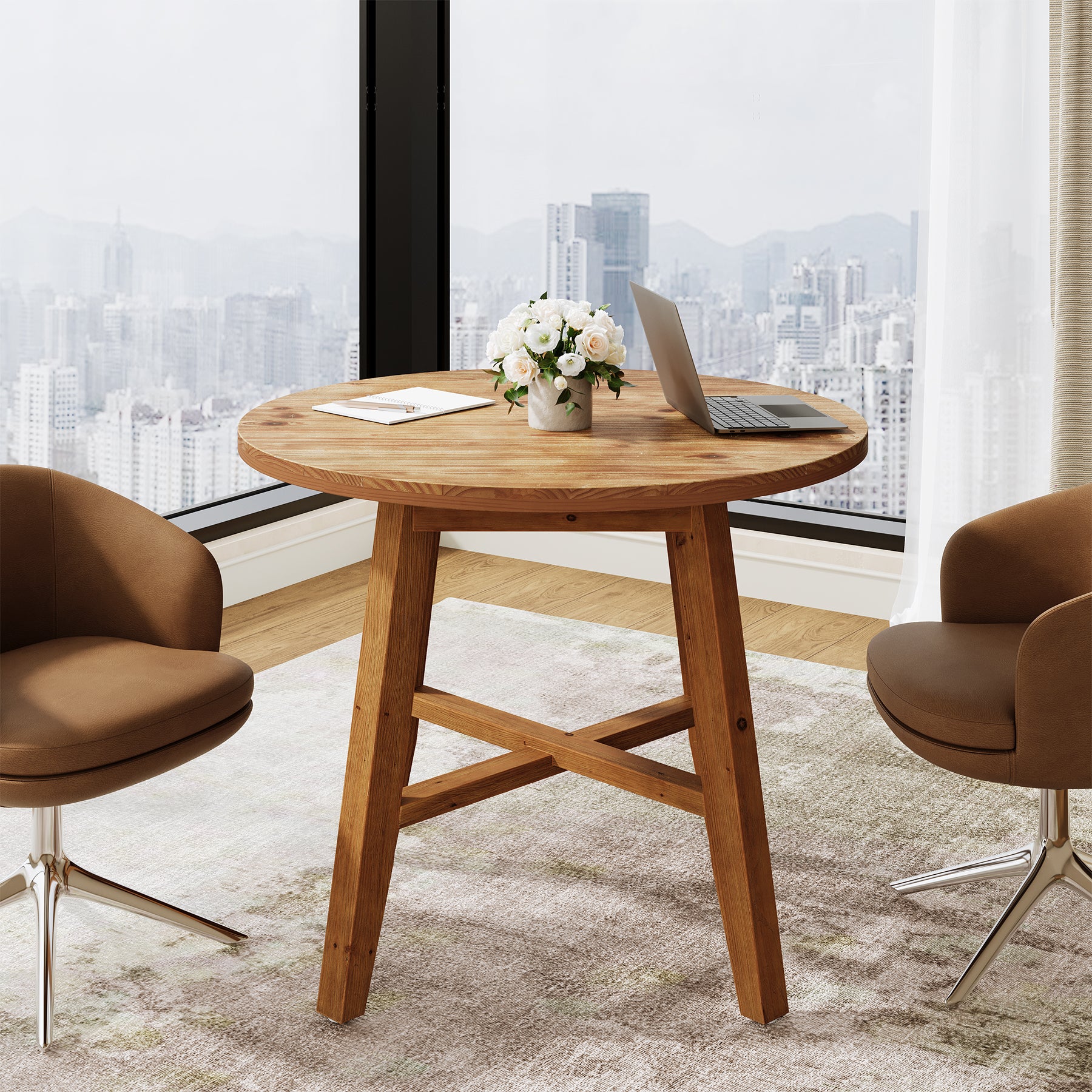 31.5" Solid Wood Round Conference Table for 2–4, Small Space Office Meeting Table