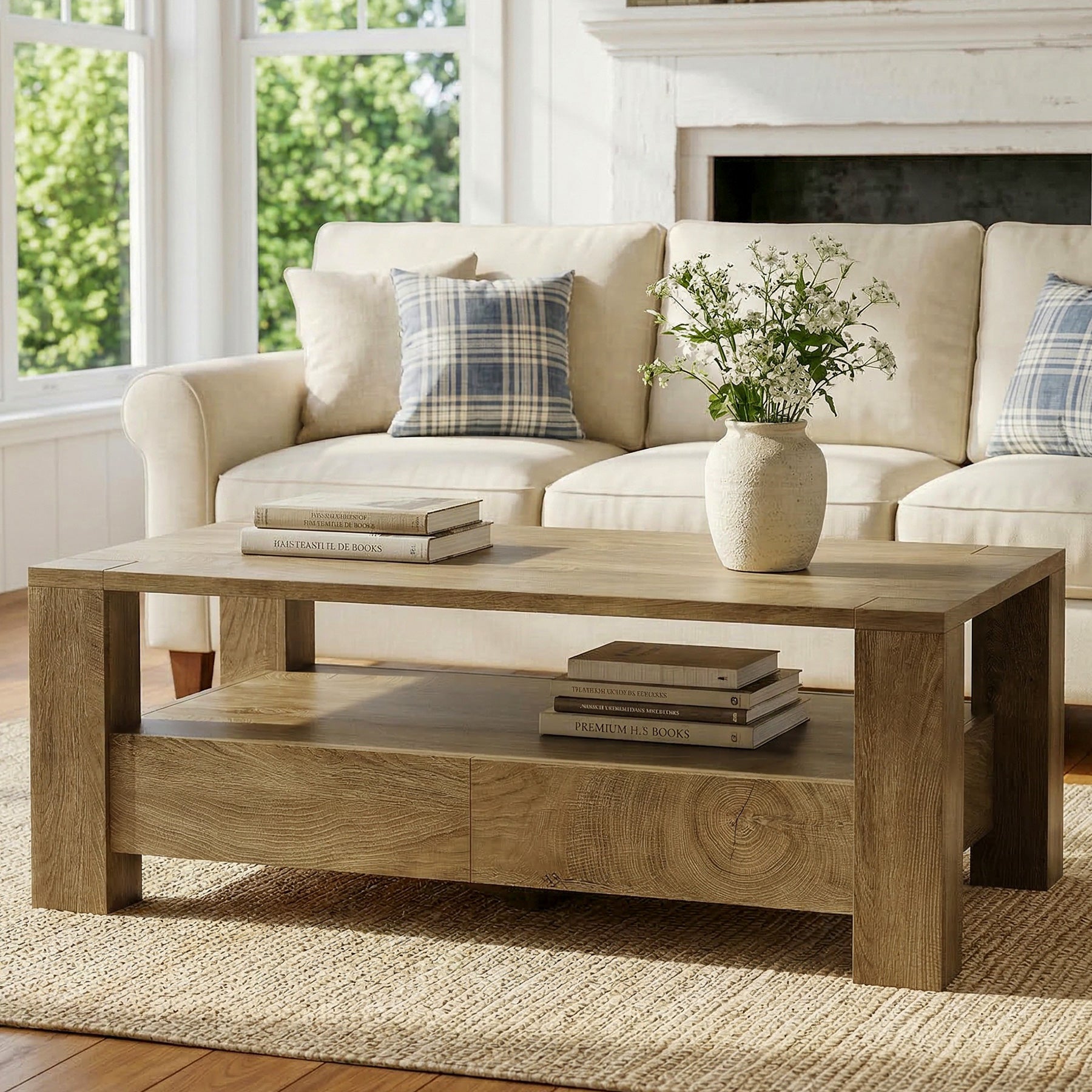 Tribesigns 47-Inch Coffee Table with Storage, Farmhouse Center Table with Drawers & Open Shelf