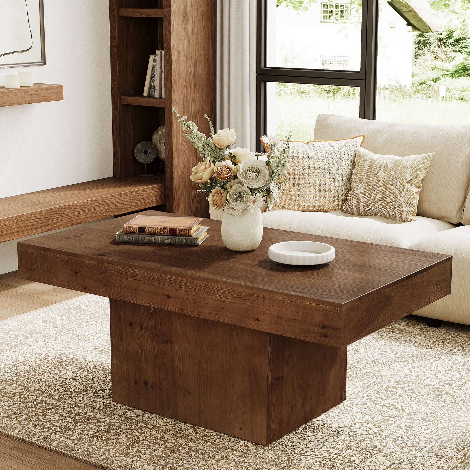 Tribesigns 47.24-Inch Solid Wood Coffee Table, Mid Century Modern Rectangle Center Table with Wooden Pedestal for Living Room
