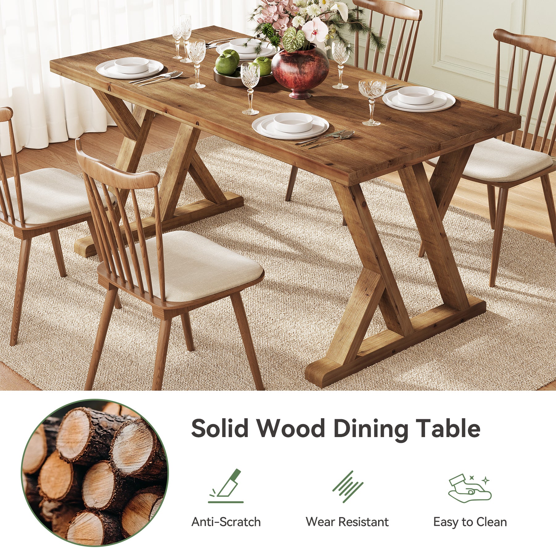 Tribesigns 63-Inch Solid Wood Dining Table with X-Shaped Legs, Rectangular Farmhouse Kitchen Table for 4-6 People Dining Room Rustic Brown