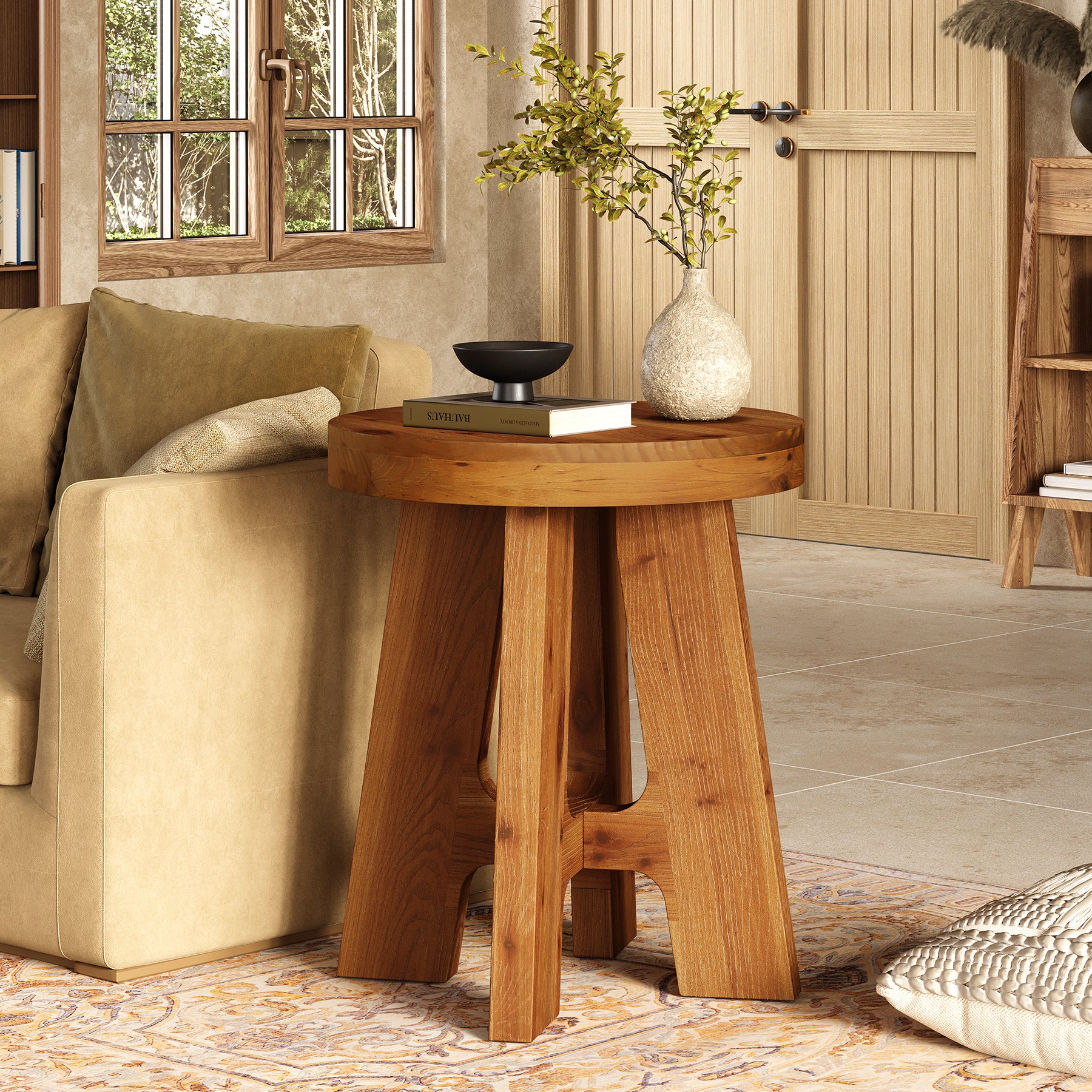 Solid Wood Round Side Table with Heavy-Duty Legs, Farmhouse End Table for Living Room