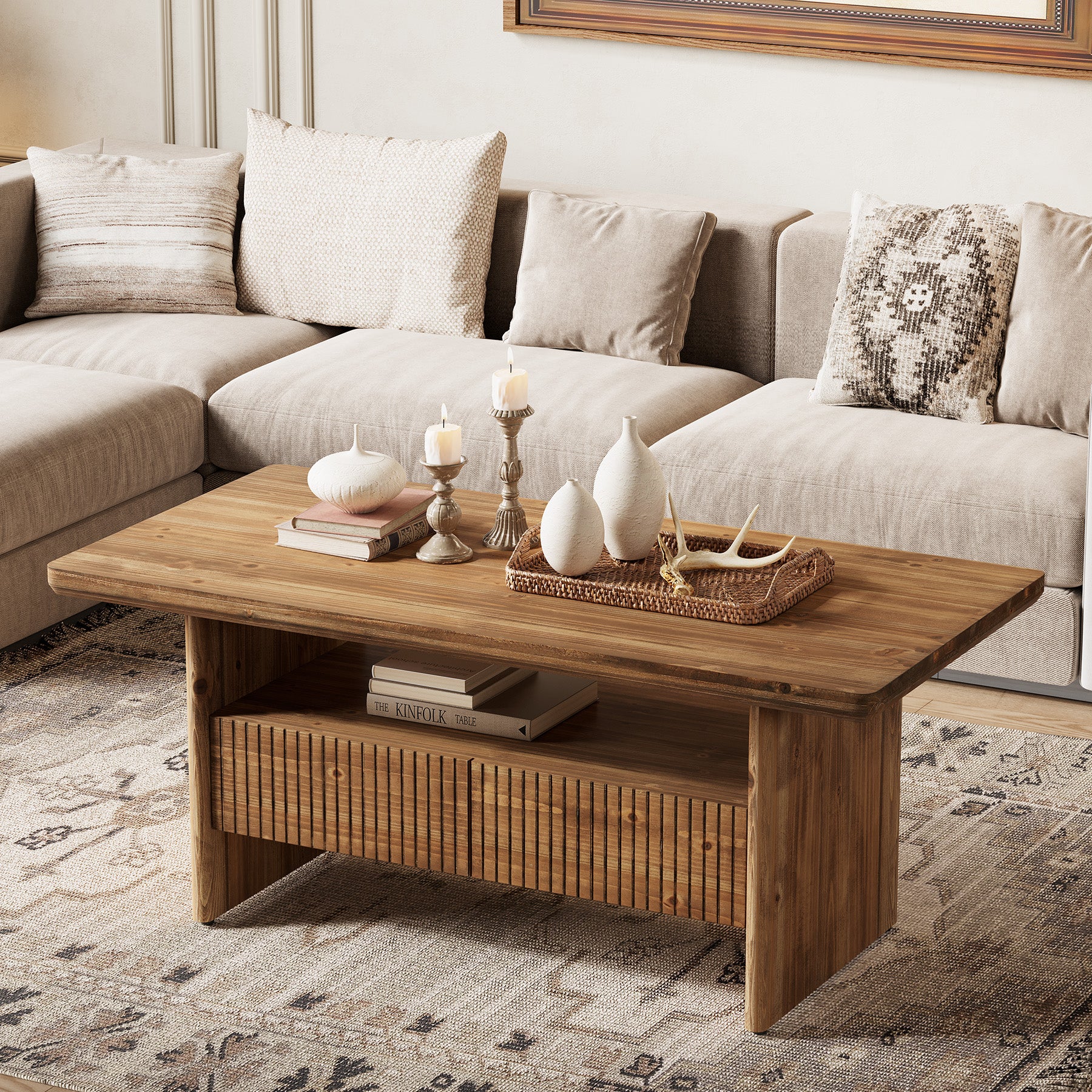 47.24" Solid Wood Coffee Table with Storage, Modern Fluted Two-Tier for Living Room