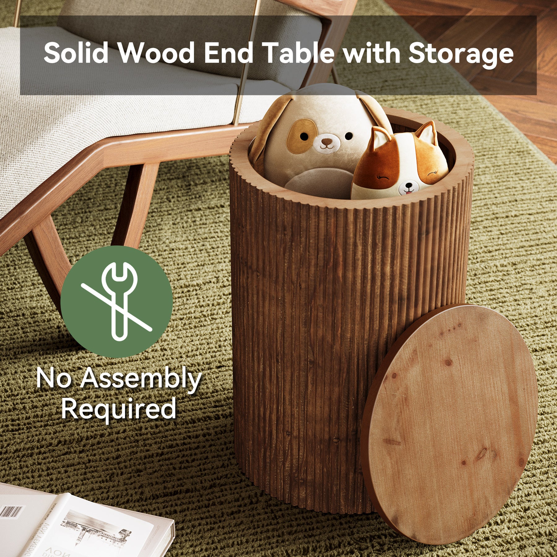 Tribesigns Solid Wood Round Side Table with Fluted Design and 4 Wheels, No-Assembly End Table with Storage for Living Room Bedroom and Small Spaces