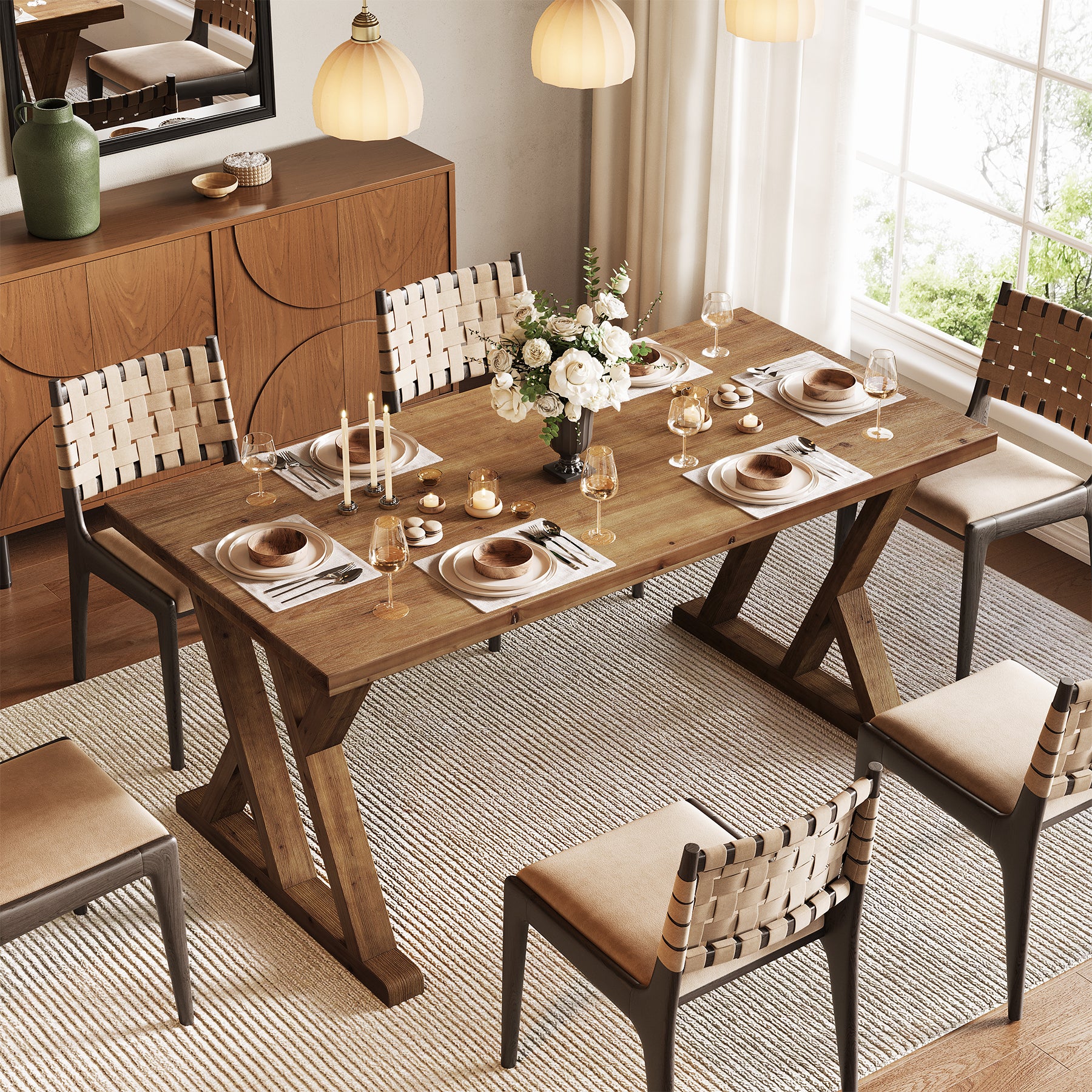 Tribesigns 63-Inch Solid Wood Dining Table with X-Shaped Legs, Rectangular Farmhouse Kitchen Table for 4-6 People Dining Room Rustic Brown