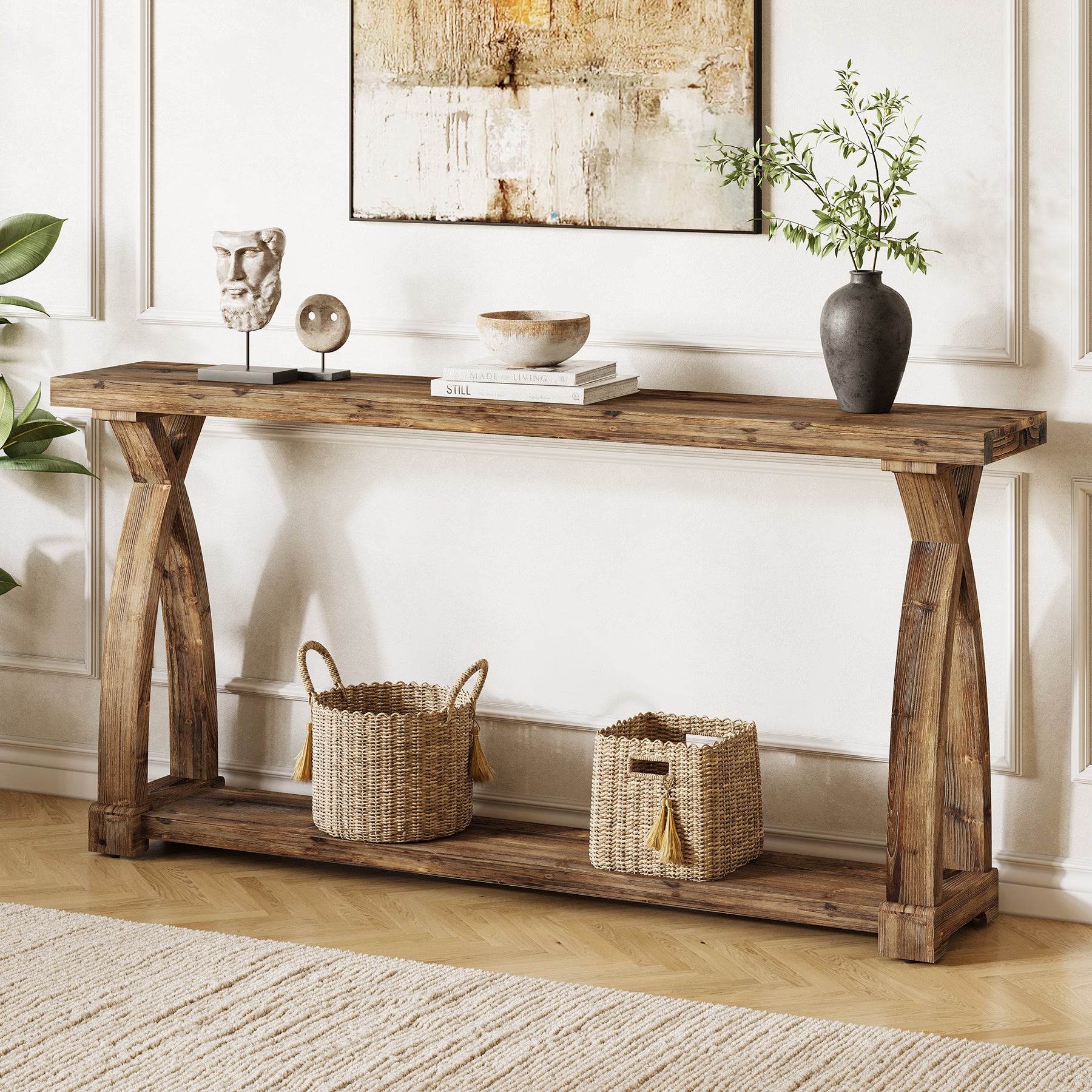 Tribesigns 63-Inch Solid Wood Console Table, Narrow Farmhouse Design with 2-Tier Storage for Entryway and Living Room