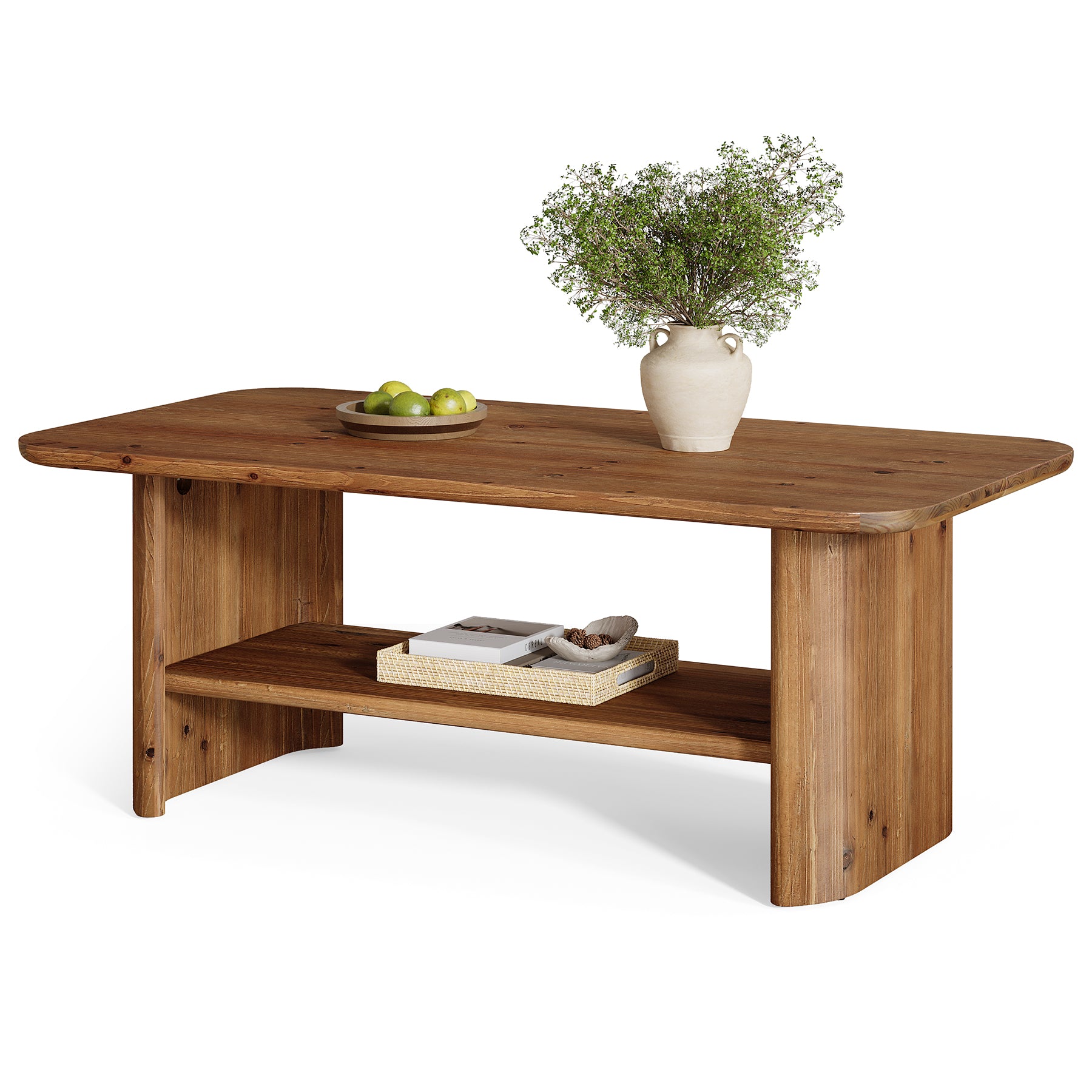 47" Solid Wood Coffee Table with 2-Tier Storage, Rectangular Living Room Center Table