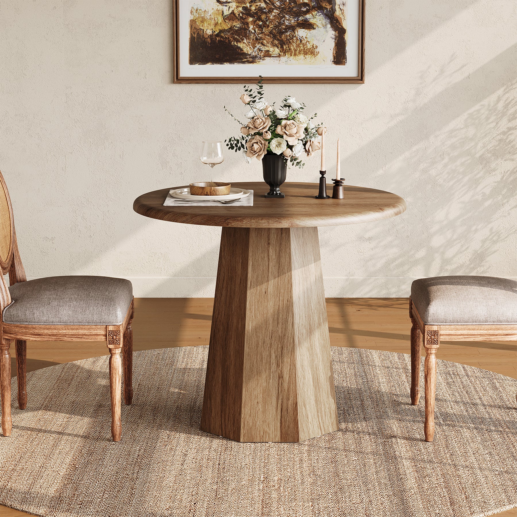 Compact Round Dining Table 31.5", Octagonal Base Kitchen Table for 2-4 People