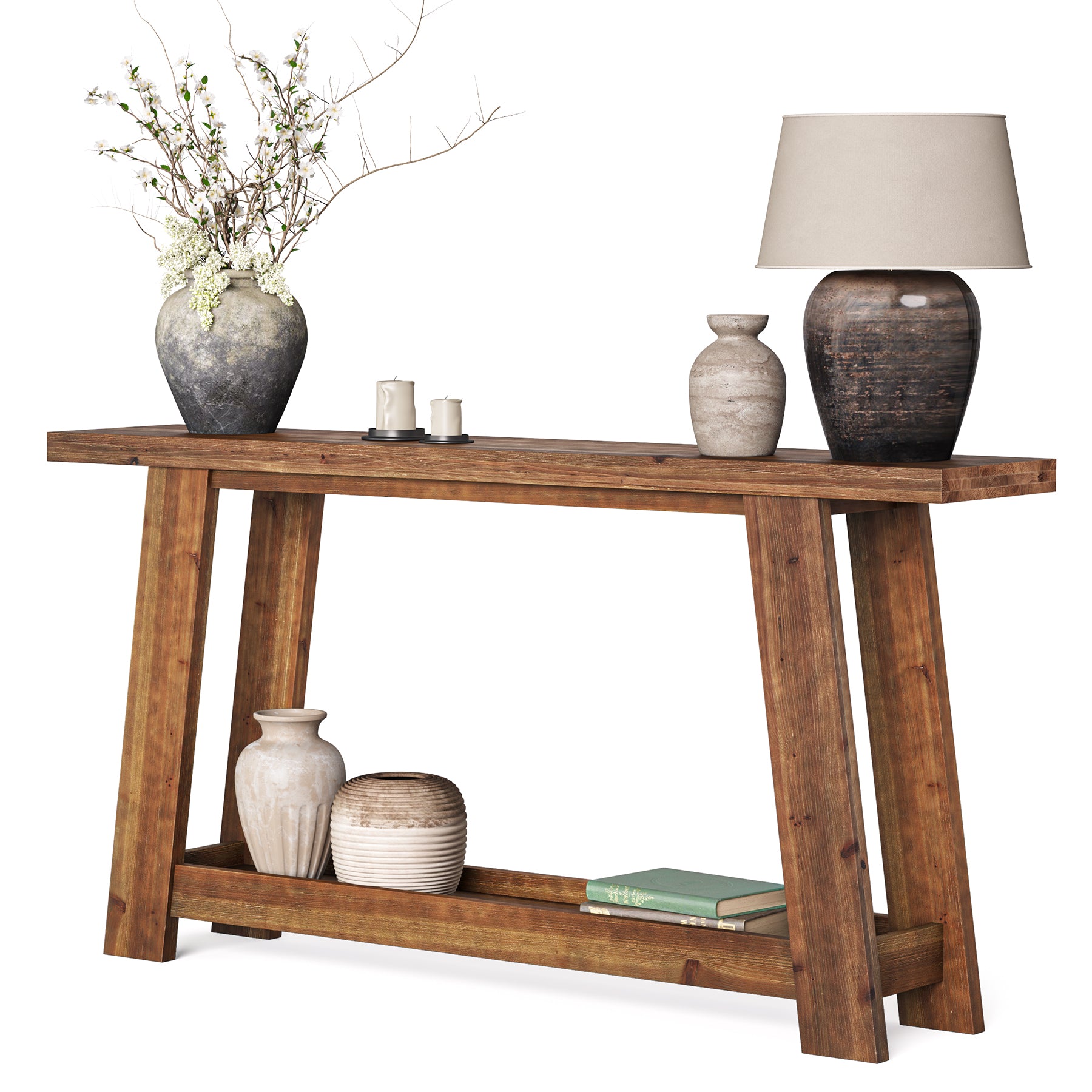 63" Solid Wood Console Table, Farmhouse Entryway Table with 2-Tier Shelf