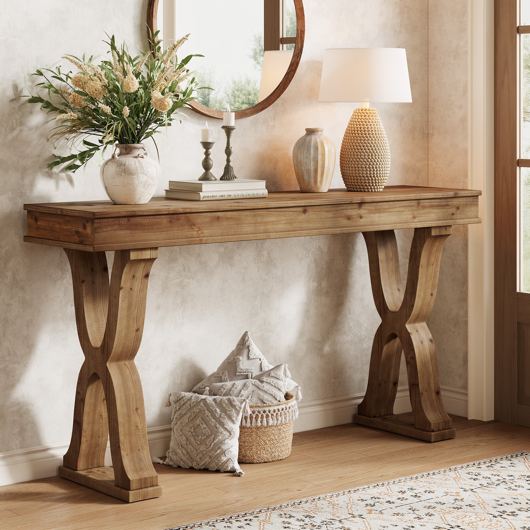63 Inch Solid Wood Console Table, Farmhouse Narrow Entryway Sofa Table