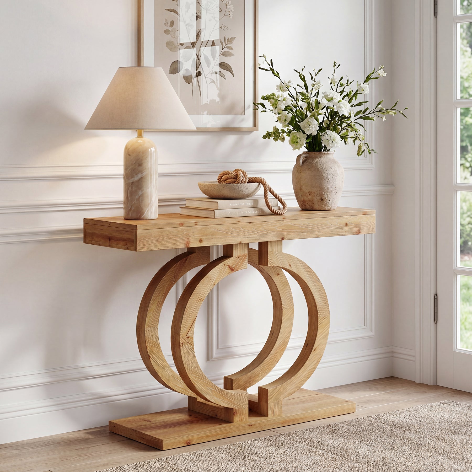 43.3-Inch Solid Wood Console Table with Double-Circle Base, Narrow Entryway Accent Table for Hallway