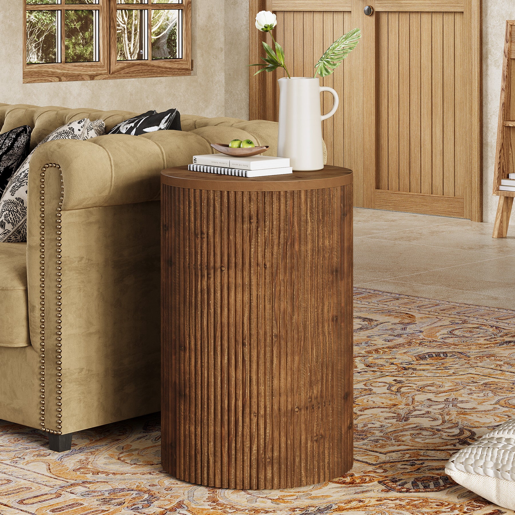 Tribesigns Solid Wood Round Side Table with Fluted Design and 4 Wheels, No-Assembly End Table with Storage for Living Room Bedroom and Small Spaces