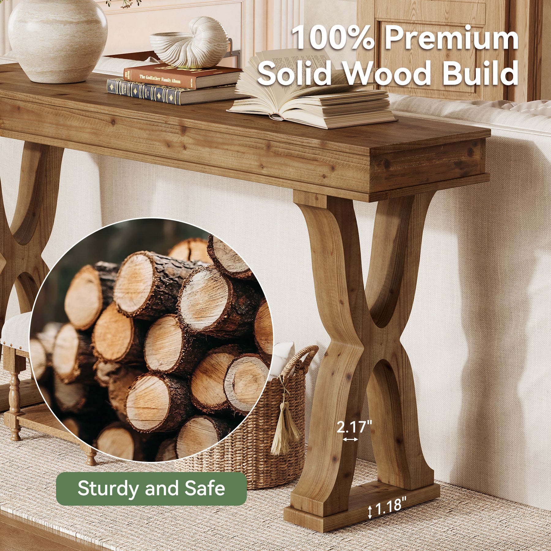 63 Inch Solid Wood Console Table, Farmhouse Narrow Entryway Sofa Table