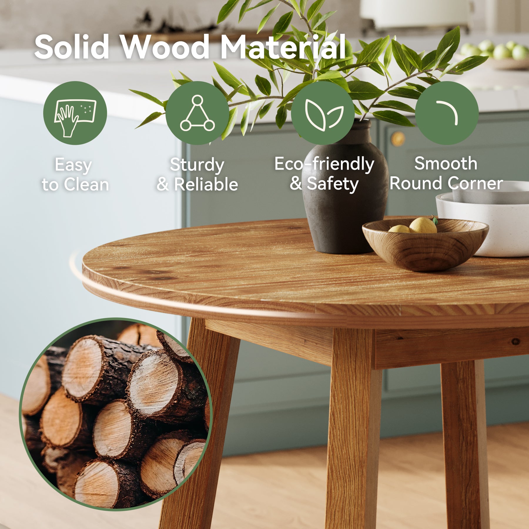 31.5 Inch Solid Wood Round Dining Table for 2–4, Farmhouse Small Kitchen Table for Small Spaces