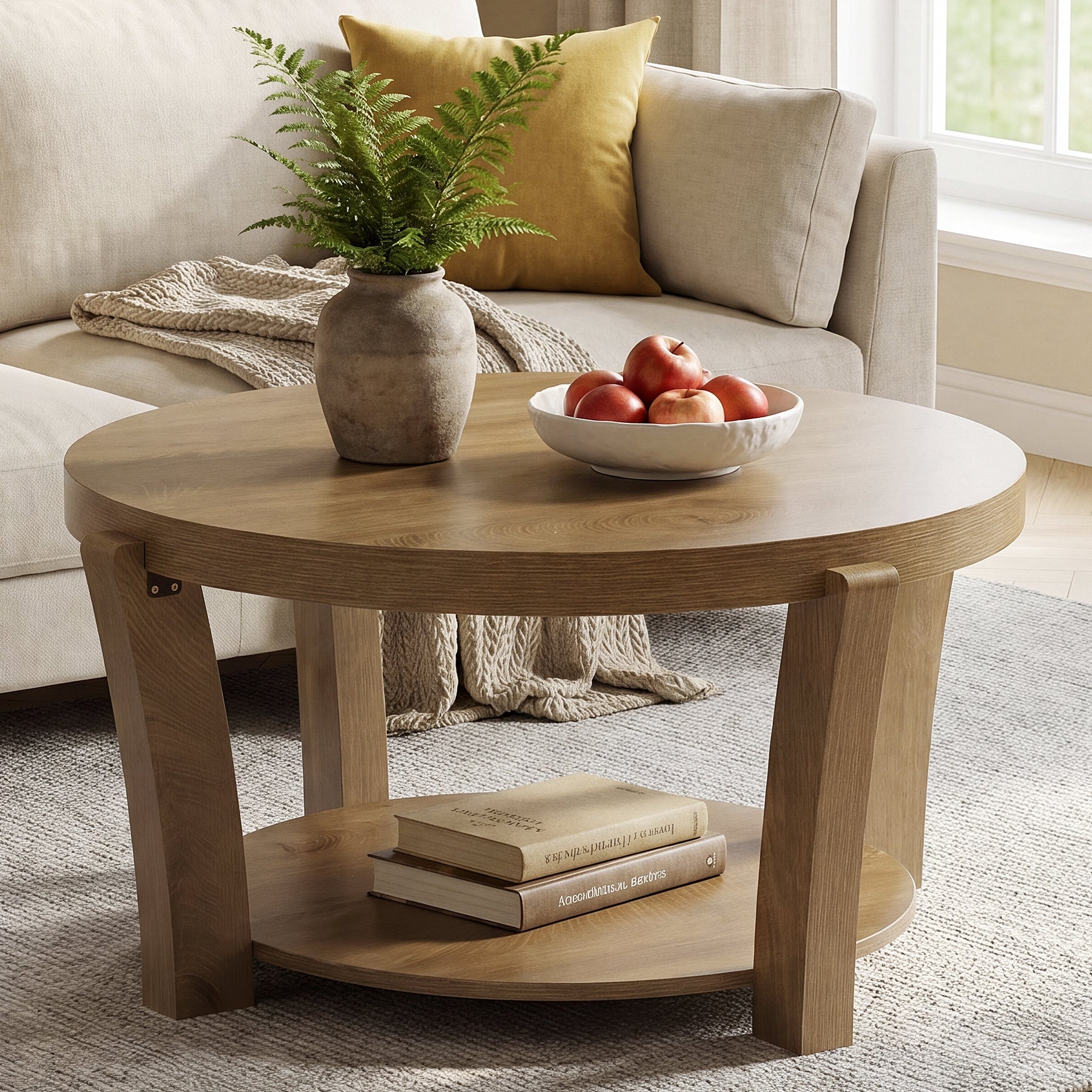 31.5-Inch Round Coffee Table with 2-Tier Open Storage, Farmhouse Wooden Center Table for Living Room