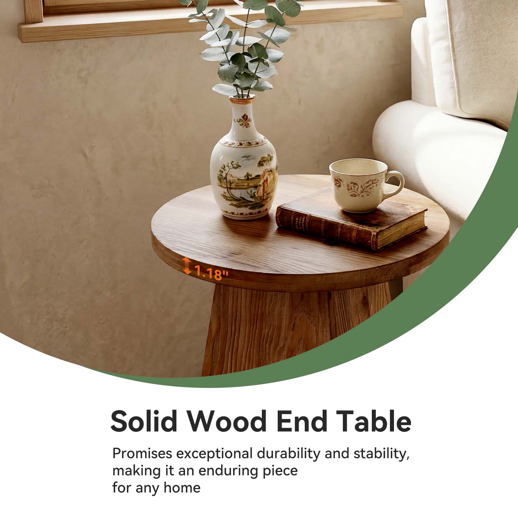 Tribesigns 18.9-Inch Round Solid Wood End Table with Trapezoid Base