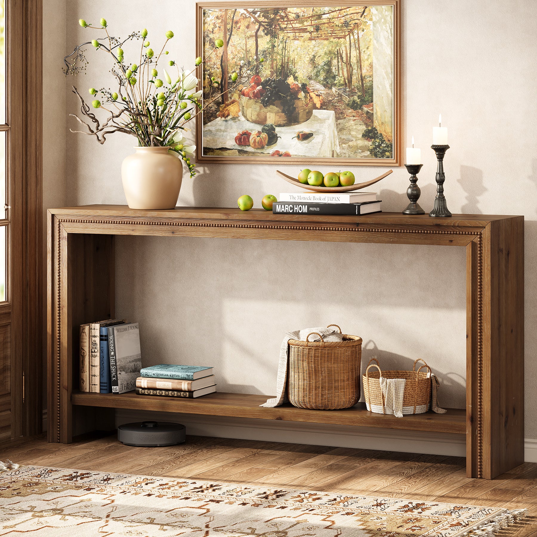 Tribesigns 63-Inch Solid Wood Console Table with Rivet Detailing and 2-Tier Storage Shelf, Farmhouse Narrow Entryway Table for Living Room Hallway and Entryway