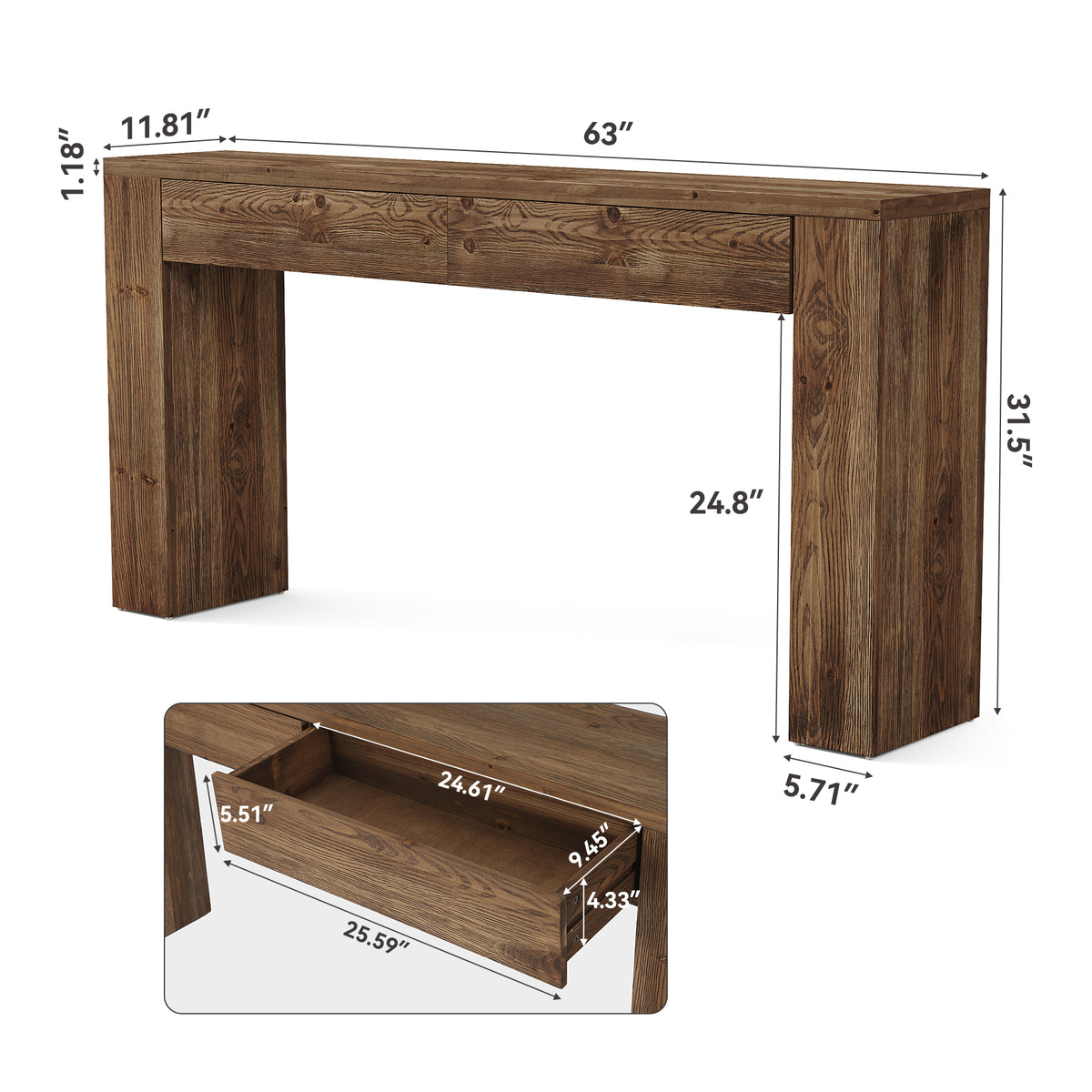 Tribesigns 63 Inch Solid Wood Sofa Table with 2 Drawers and Storage, Rustic Console Table for Living Room