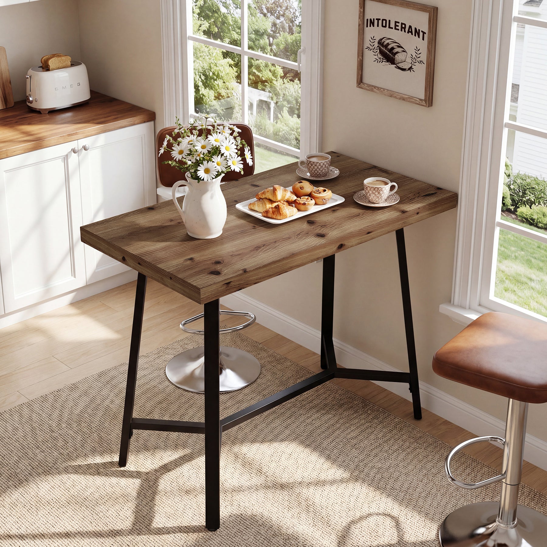 Tribesigns 41.3-Inch Solid Wood Bar Table with Footrest, Industrial Pub Table for Small Kitchens