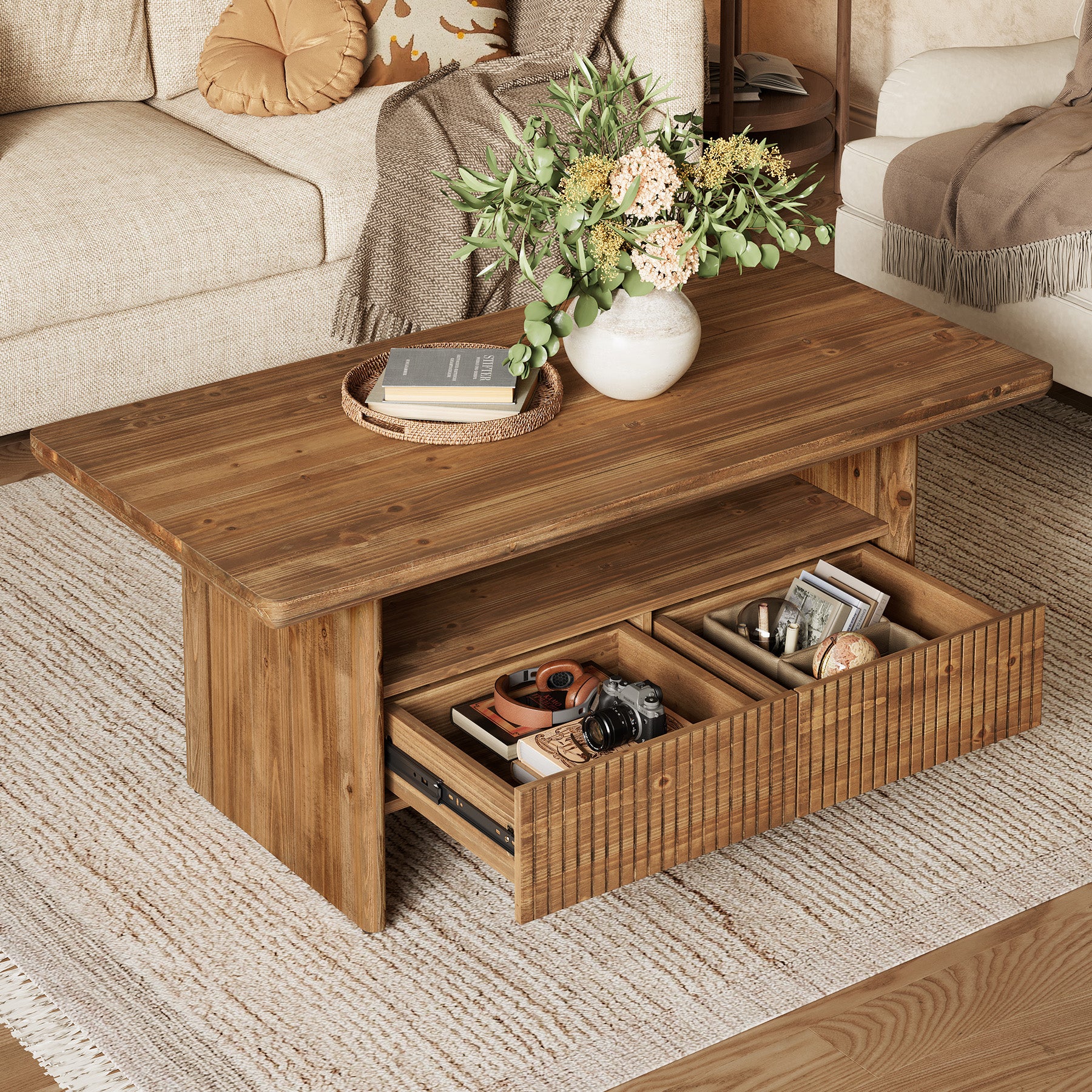 47.24" Solid Wood Coffee Table with Storage, Modern Fluted Two-Tier for Living Room