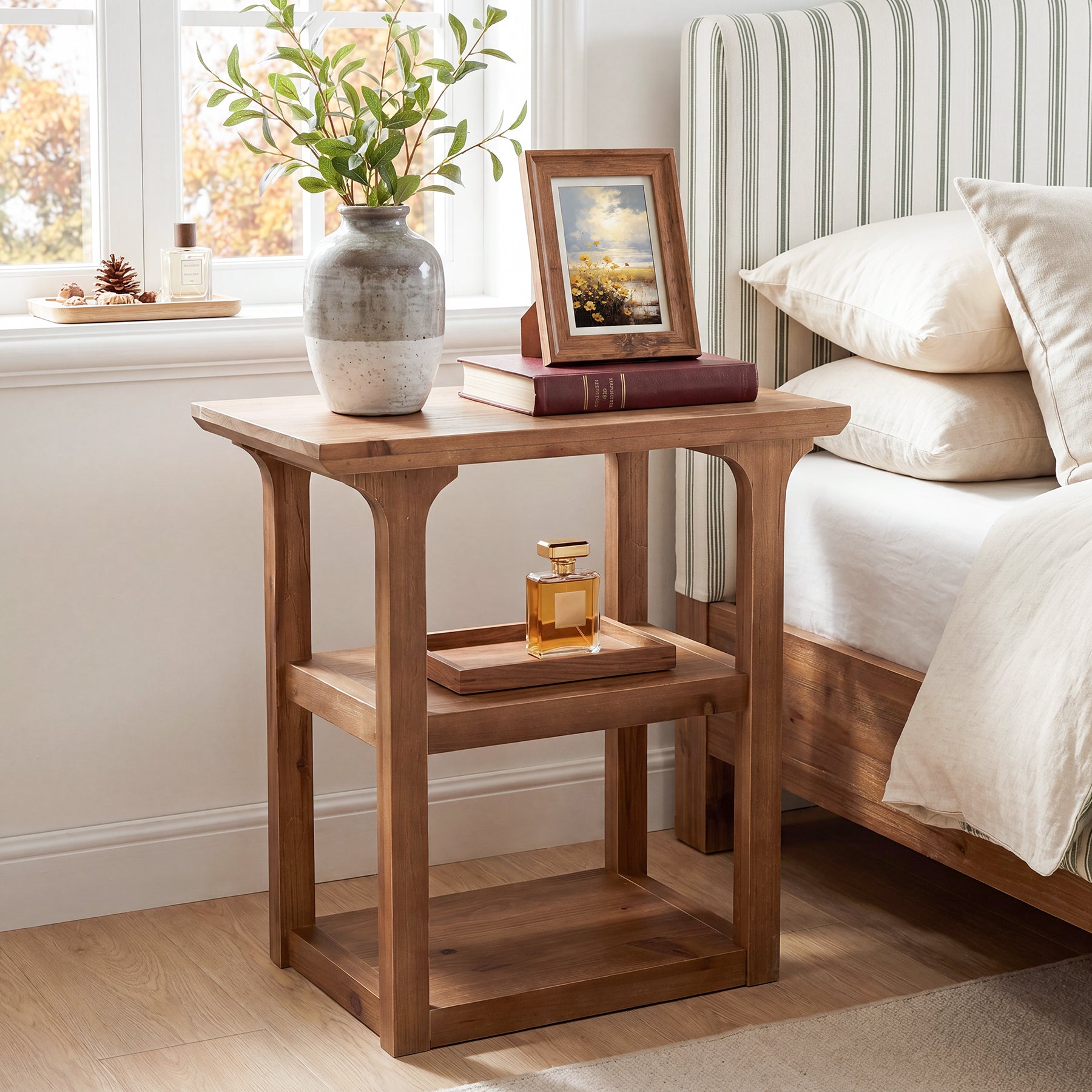 Tribesigns 23.6-Inch Solid Wood Nightstand with 3-Tier Storage, Farmhouse Bedside Table for Bedroom