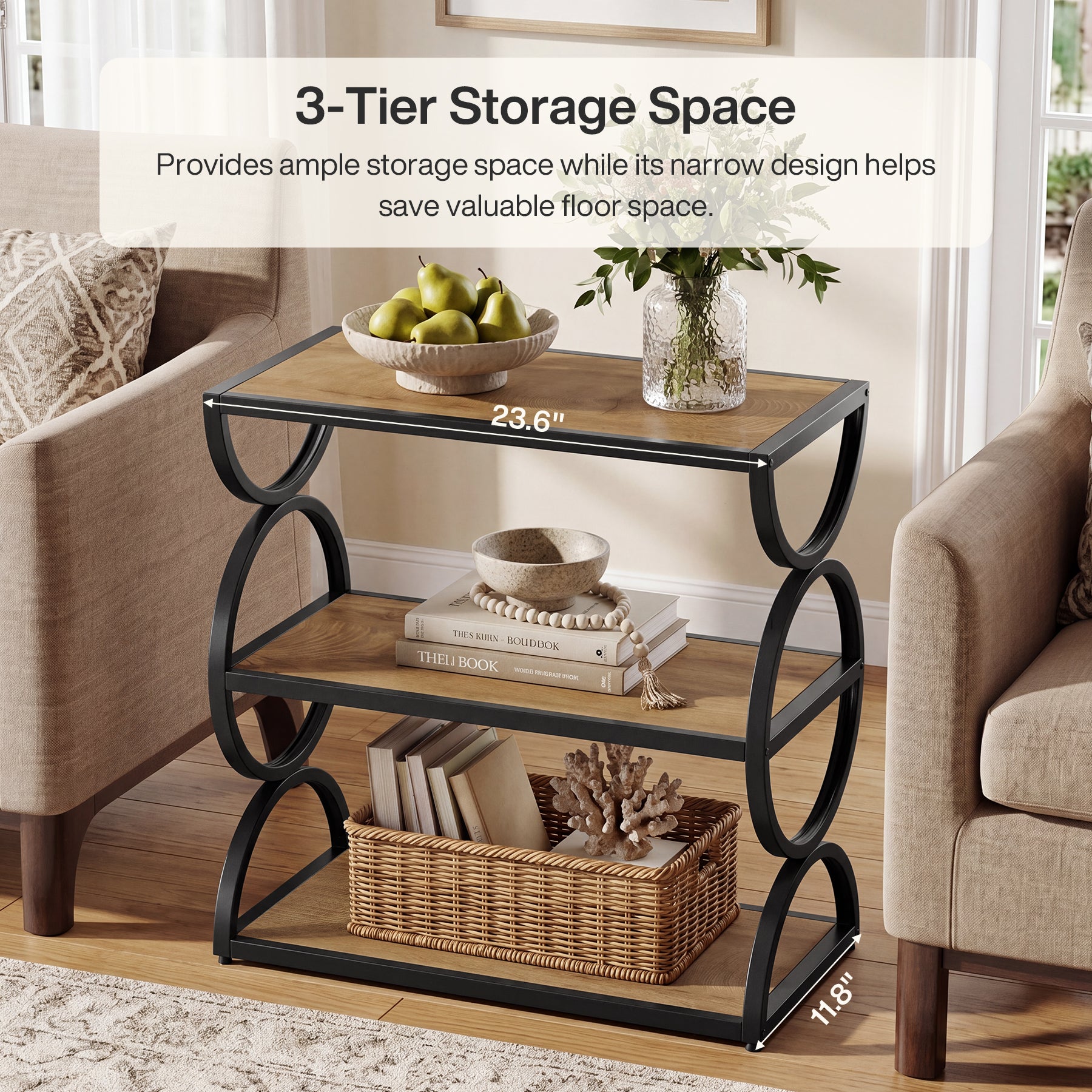 Tribesigns 23.6-Inch 3-Tier End Table with Circular Side Frame, Narrow Industrial Side Table with Storage Shelves for Living Room