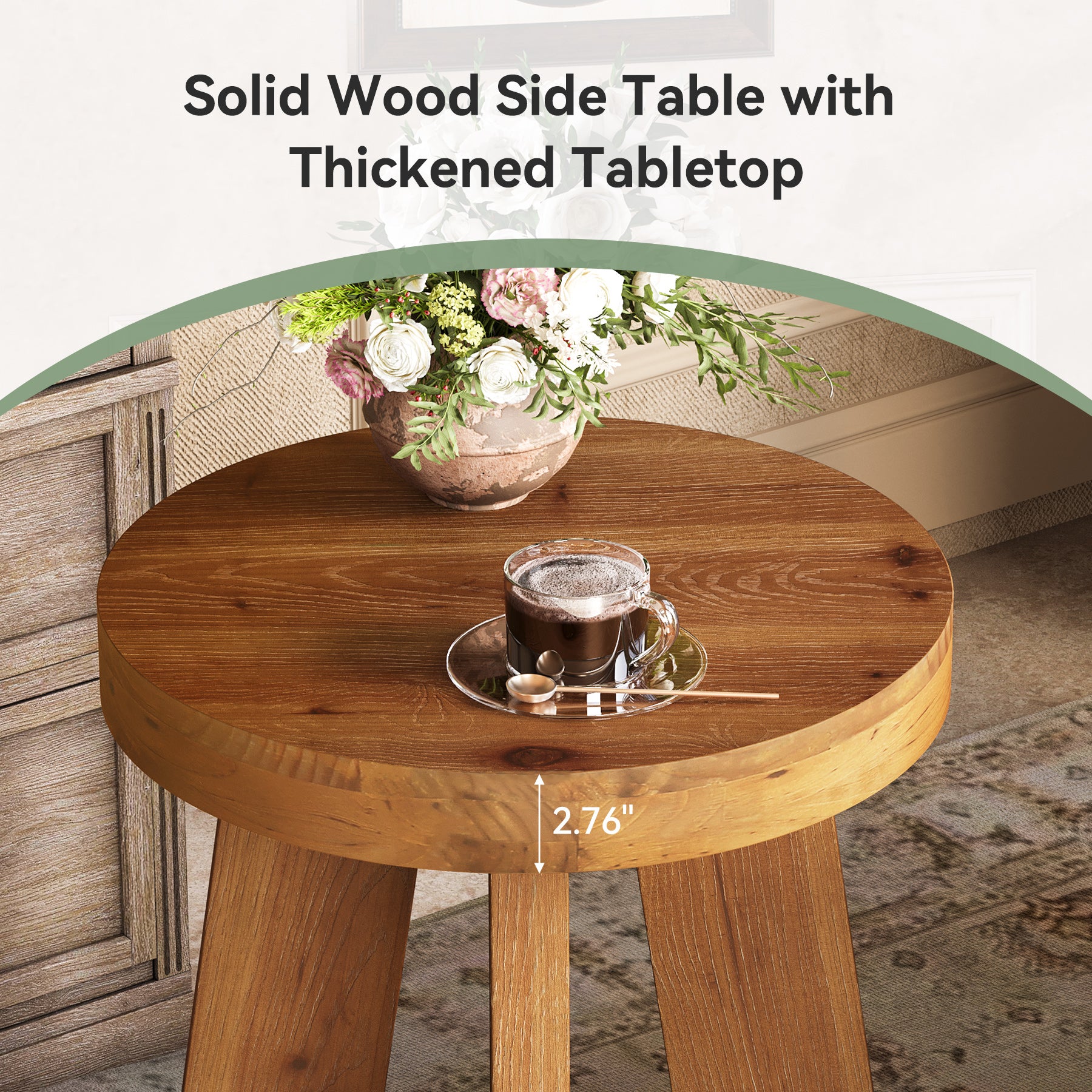 Solid Wood Round Side Table with Heavy-Duty Legs, Farmhouse End Table for Living Room