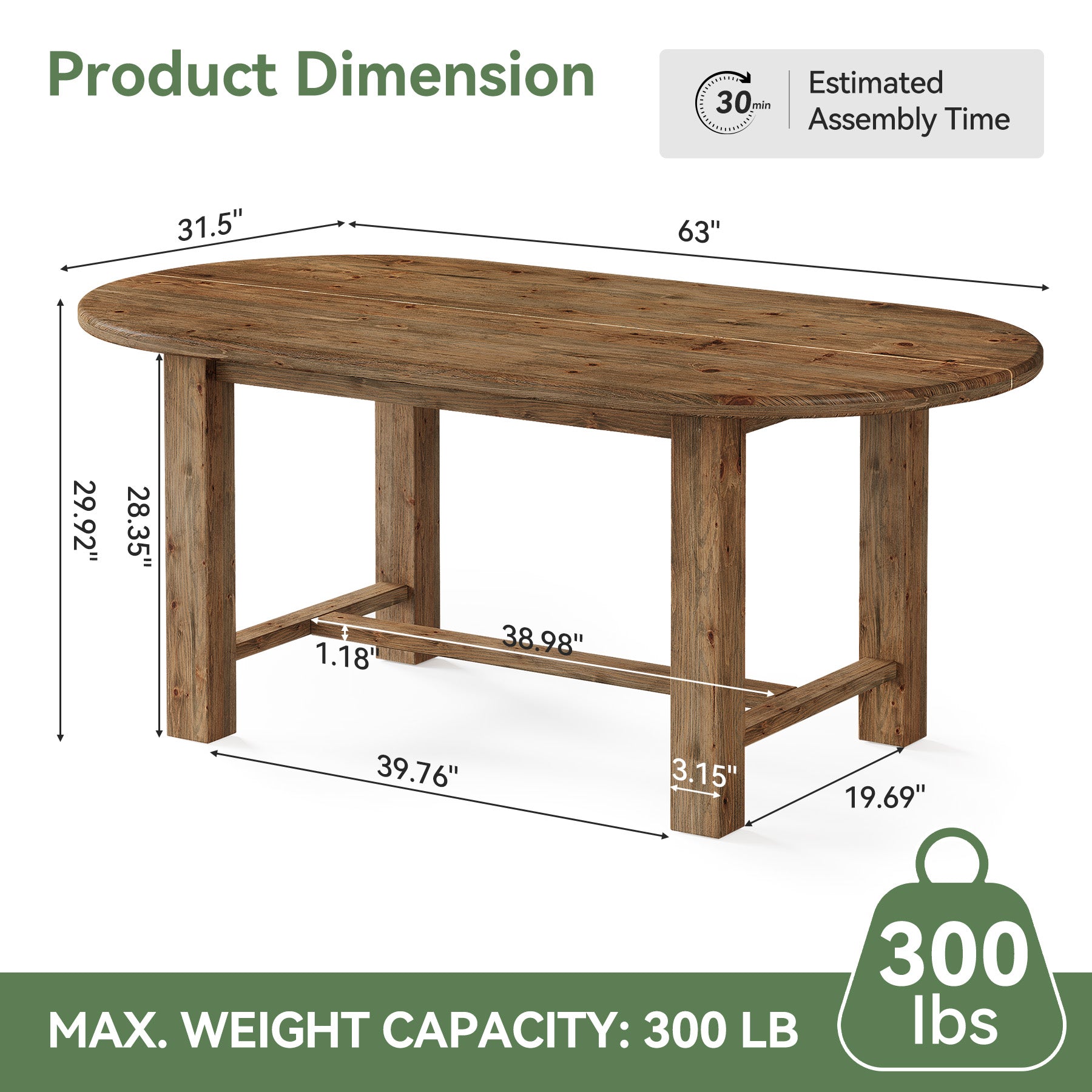 Tribesigns 63 Inch Solid Fir Wood Executive Desk with Crossbar, Oval Workstation for Home Office