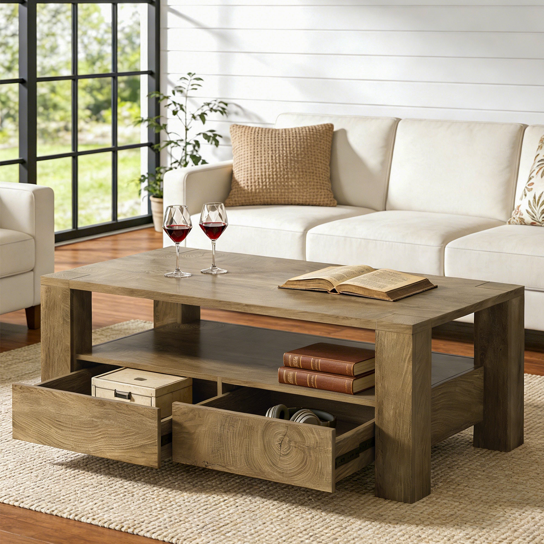 Tribesigns 47-Inch Coffee Table with Storage, Farmhouse Center Table with Drawers & Open Shelf