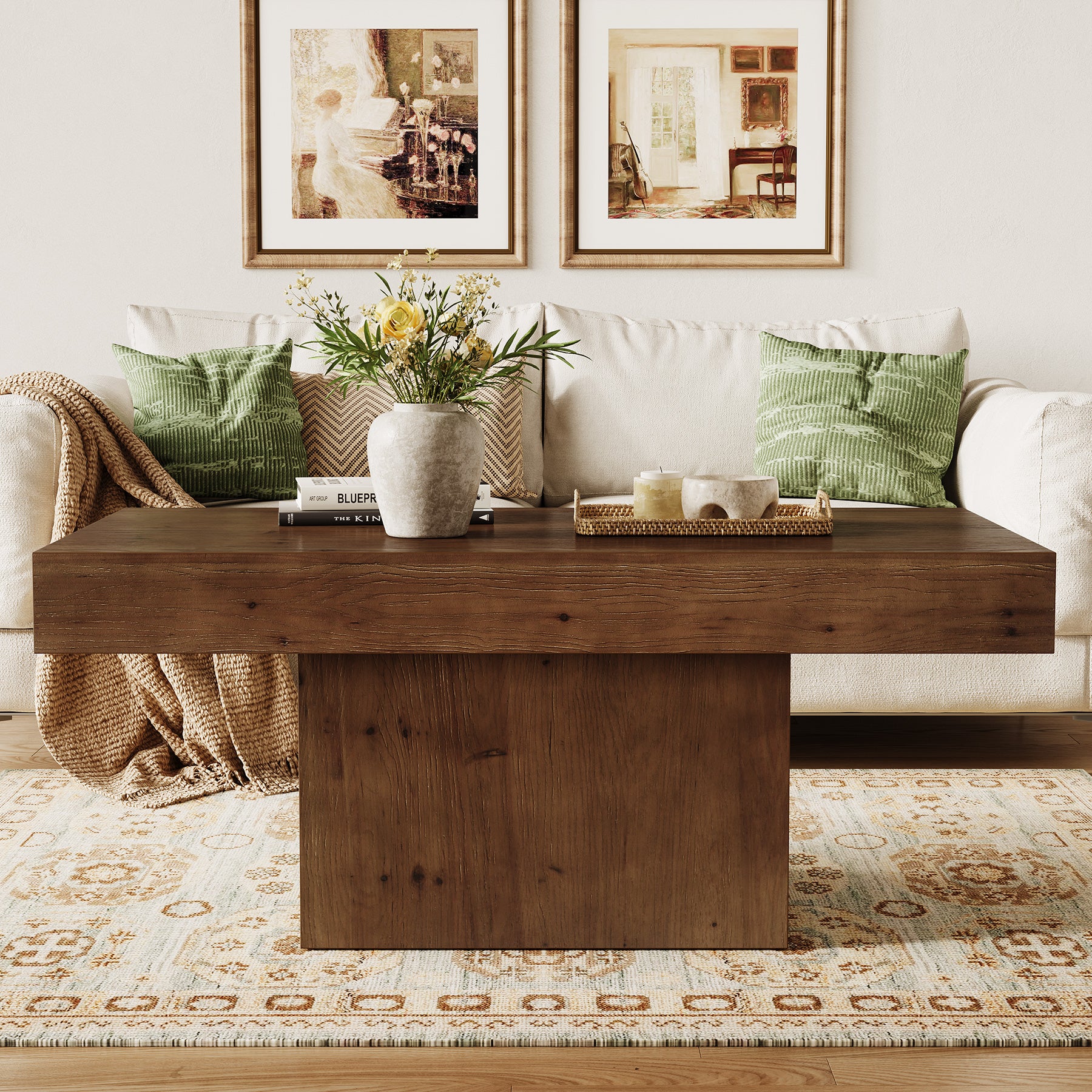 Tribesigns 47.24-Inch Solid Wood Coffee Table, Mid Century Modern Rectangle Center Table with Wooden Pedestal for Living Room