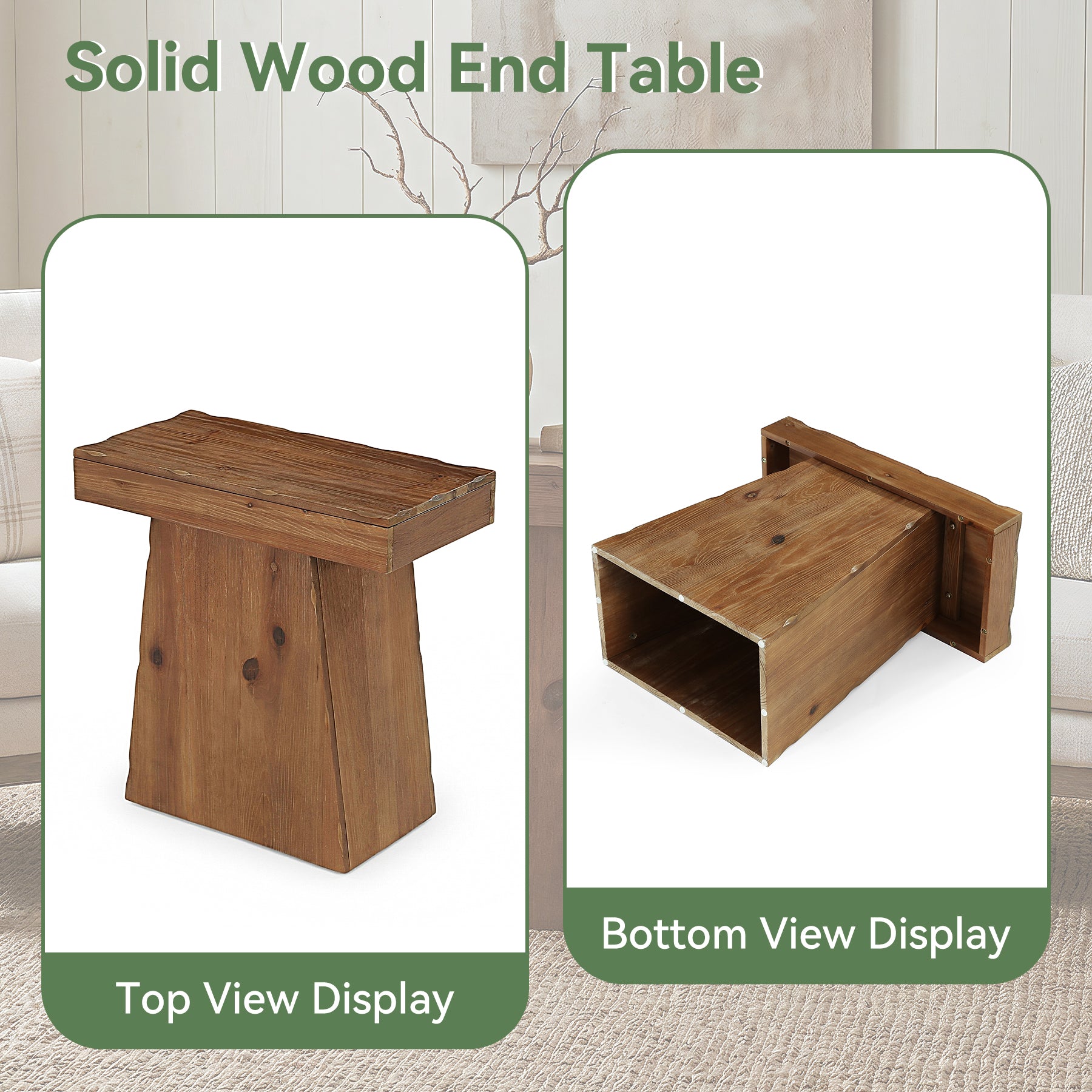 Tribesigns 23.6 Inch Solid Wood Side Table with Trapezoid Base, Rustic End Table for Small Spaces
