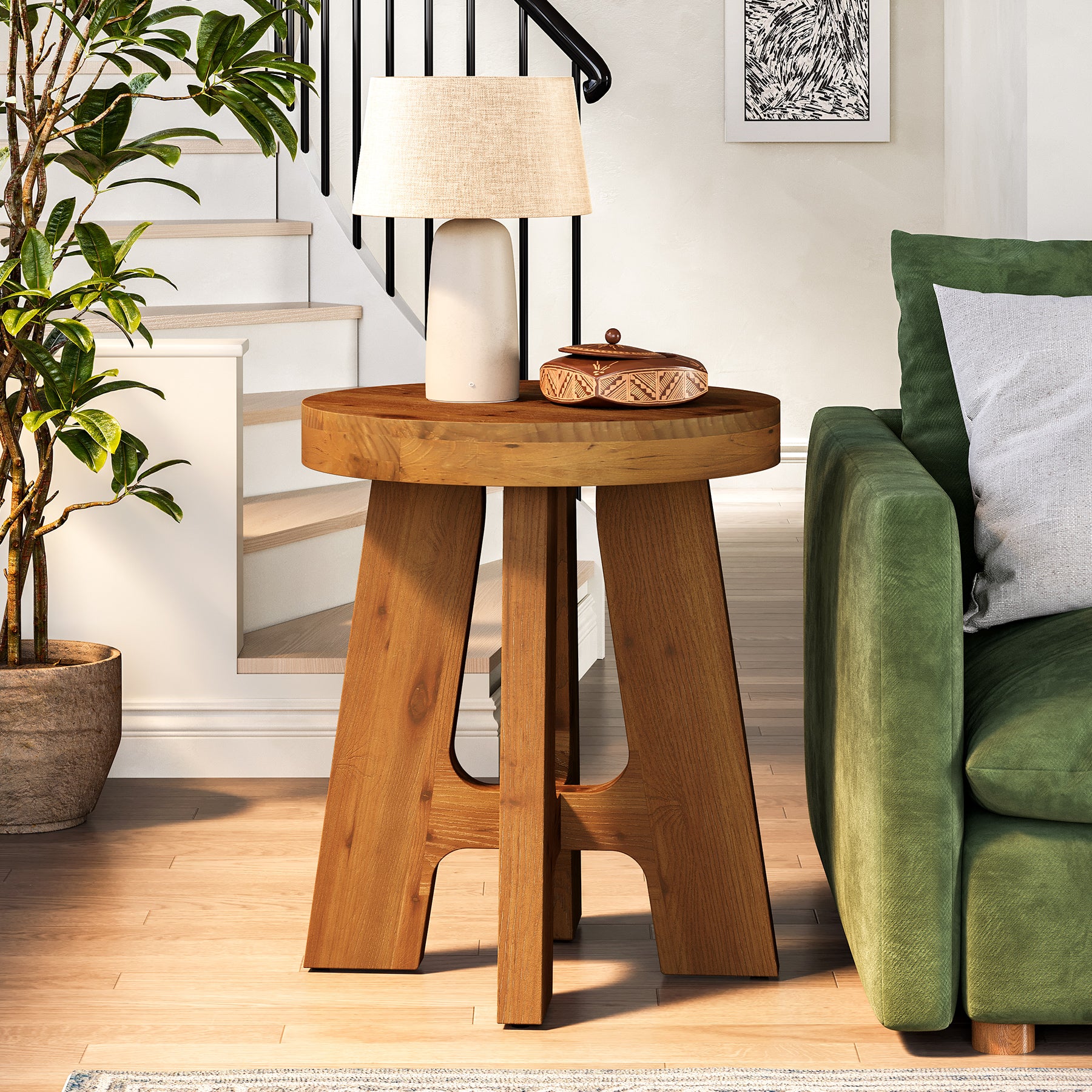 Solid Wood Round Side Table with Heavy-Duty Legs, Farmhouse End Table for Living Room