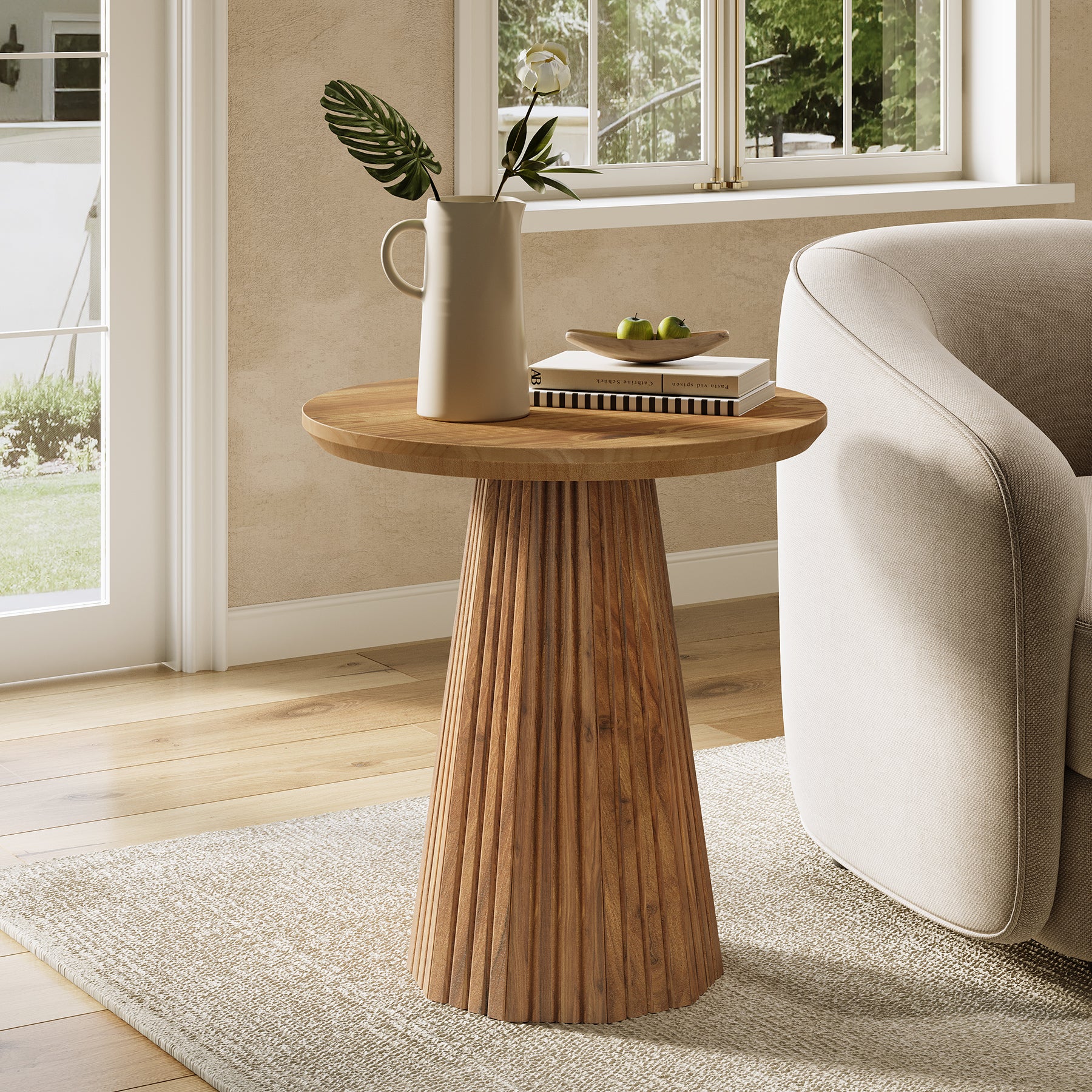 Tribesigns 19.7-Inch Solid Wood End Table with Fluted Base, Small Round Side Table for Small Spaces