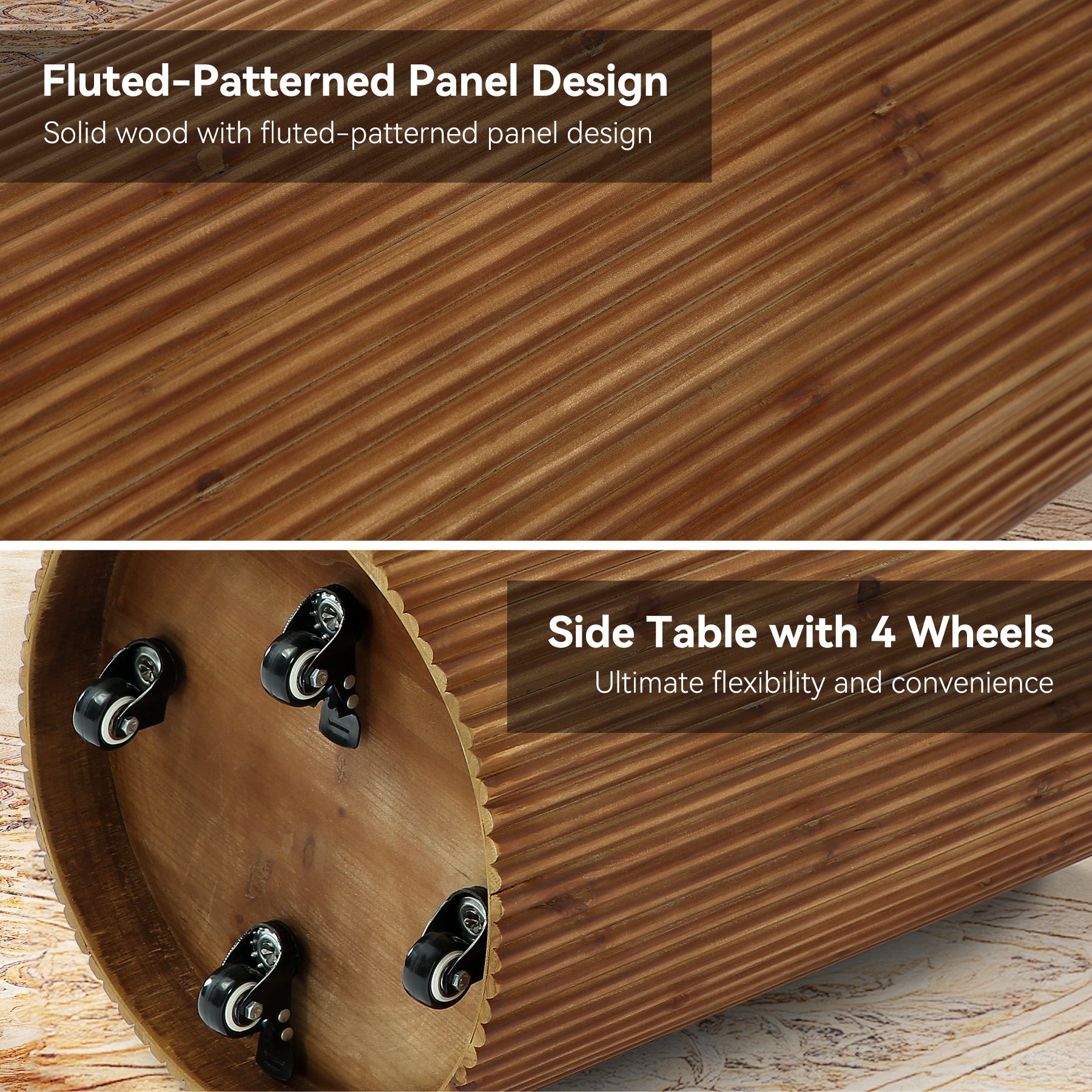 Tribesigns Solid Wood Round Side Table with Fluted Design and 4 Wheels, No-Assembly End Table with Storage for Living Room Bedroom and Small Spaces
