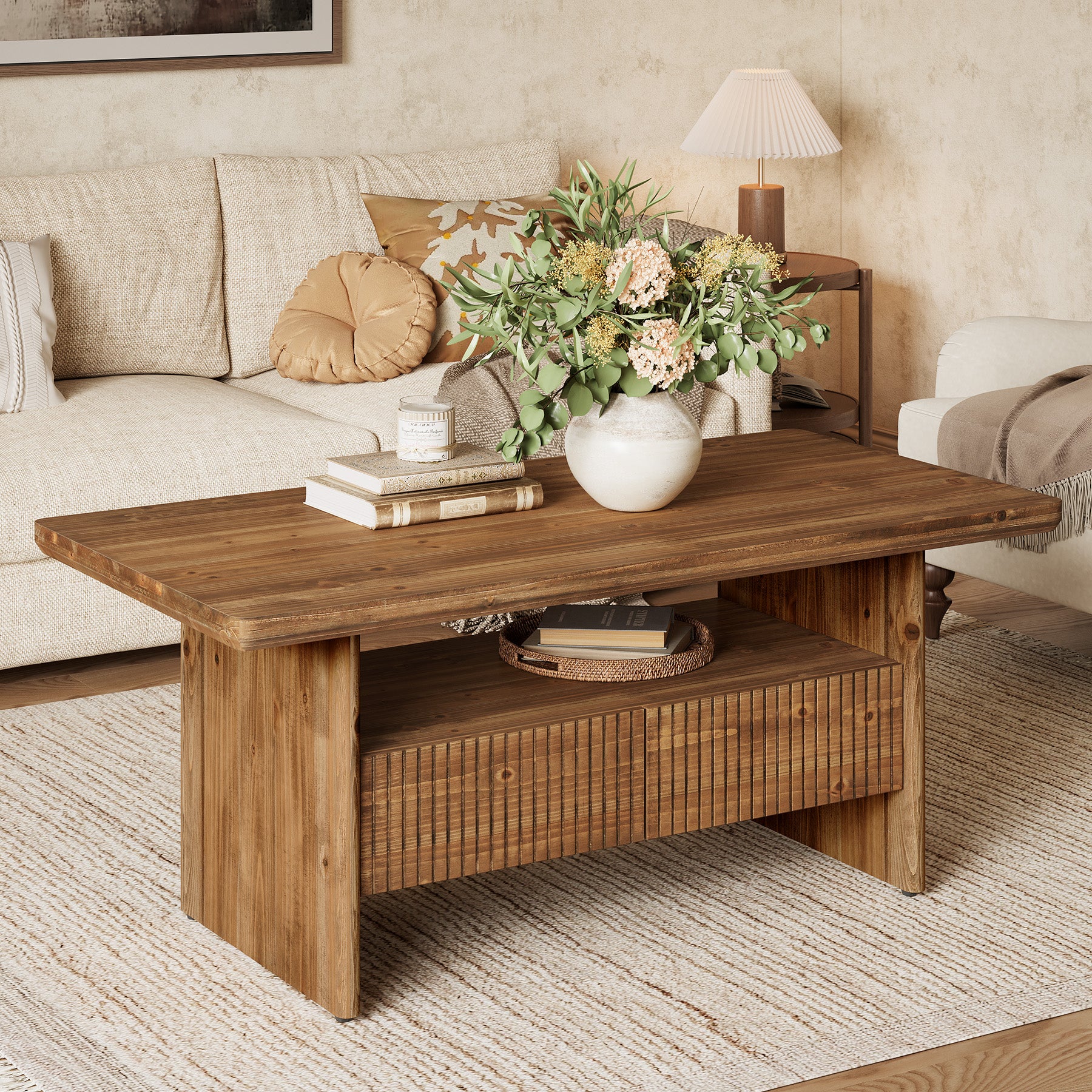47.24" Solid Wood Coffee Table with Storage, Modern Fluted Two-Tier for Living Room