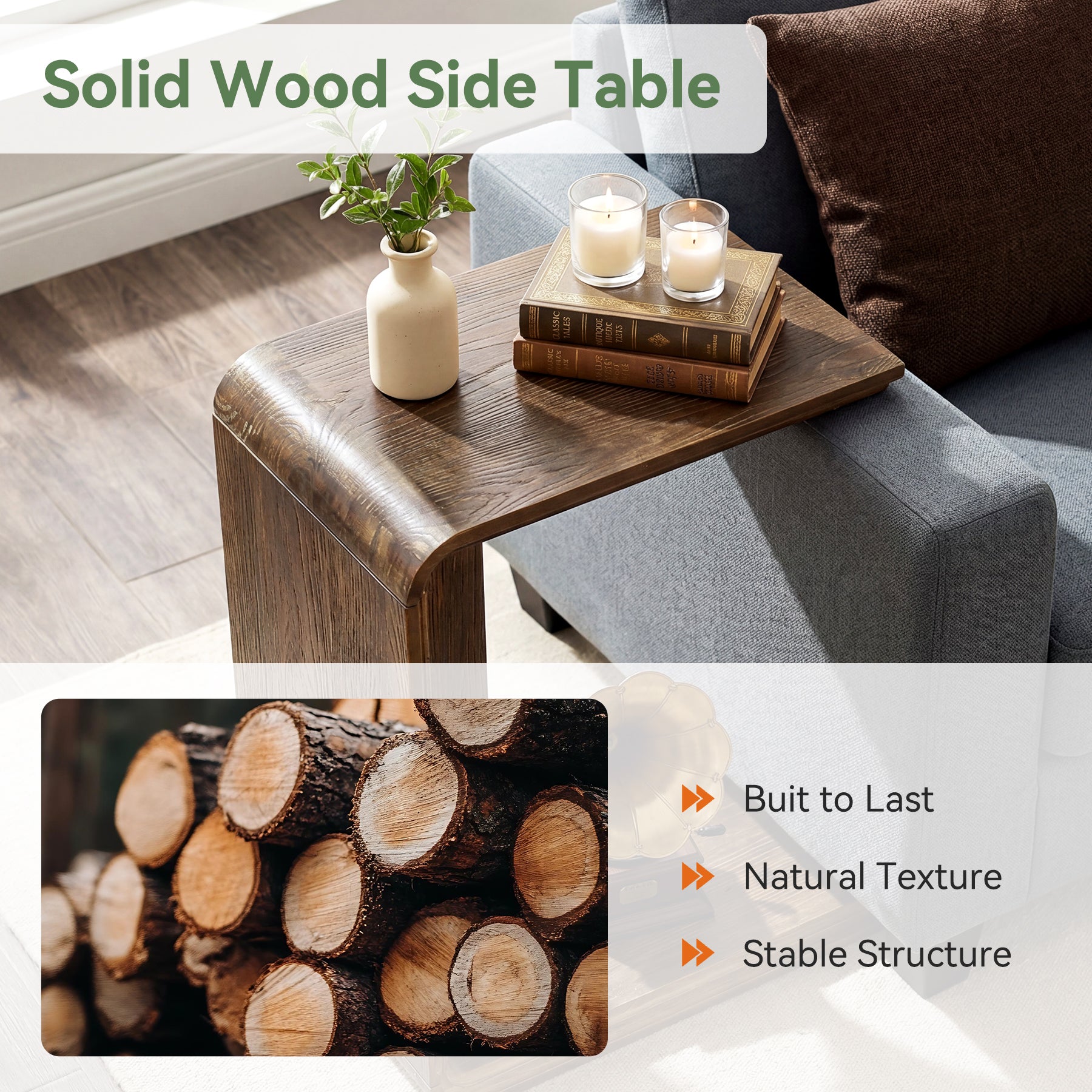Tribesigns C-Shaped Solid Wood End Table for Small Spaces, Narrow Sofa Side Table for Living Room