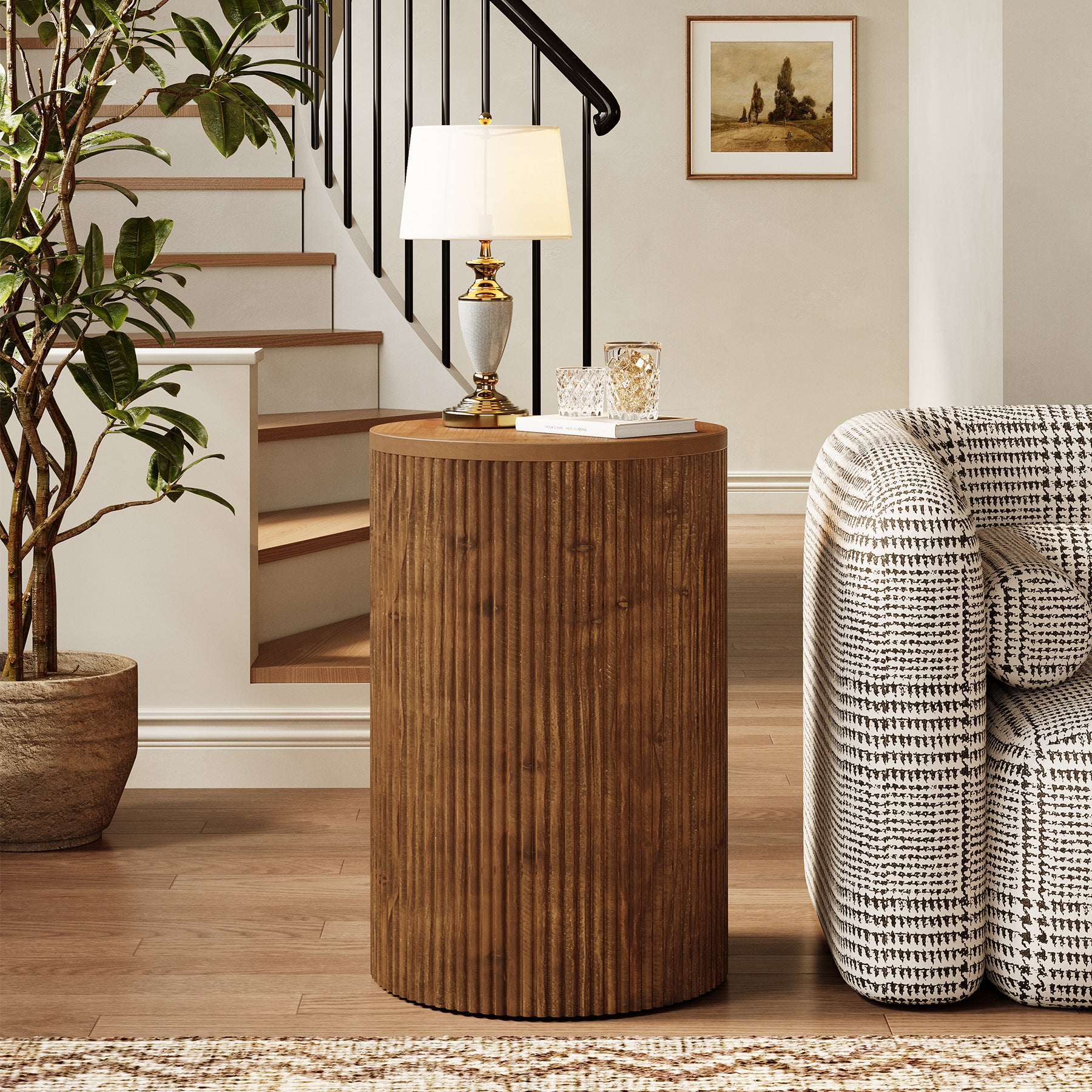 Tribesigns Solid Wood Round Side Table with Fluted Design and 4 Wheels, No-Assembly End Table with Storage for Living Room Bedroom and Small Spaces