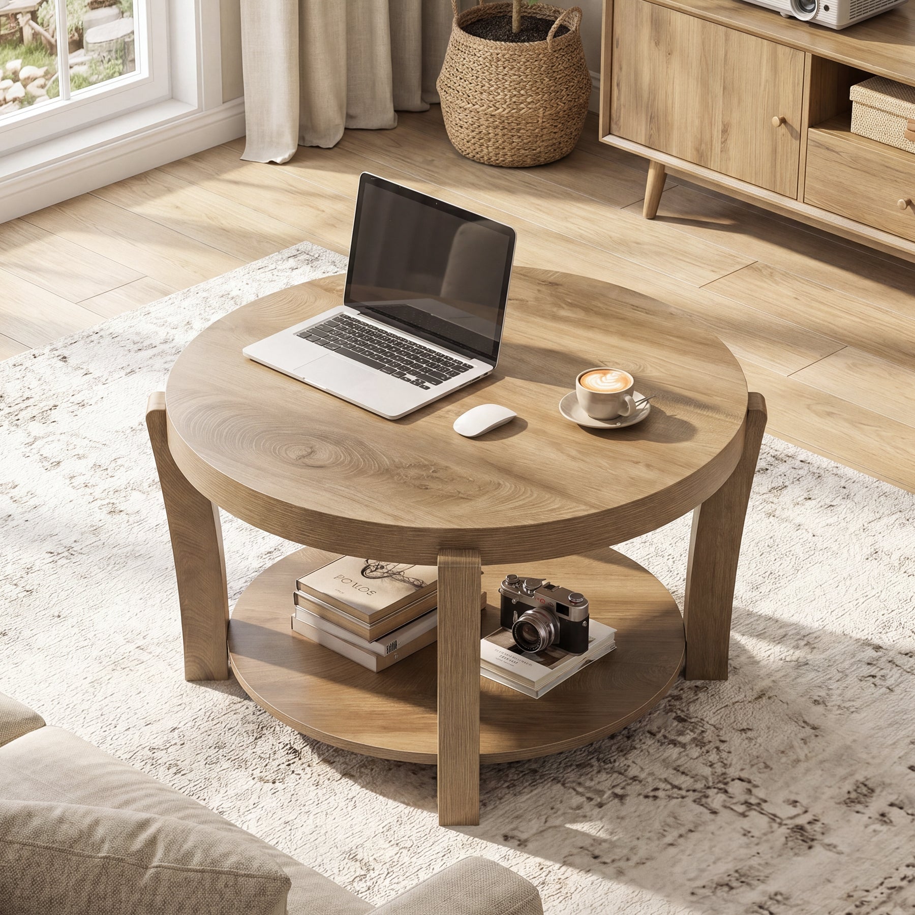 31.5-Inch Round Coffee Table with 2-Tier Open Storage, Farmhouse Wooden Center Table for Living Room