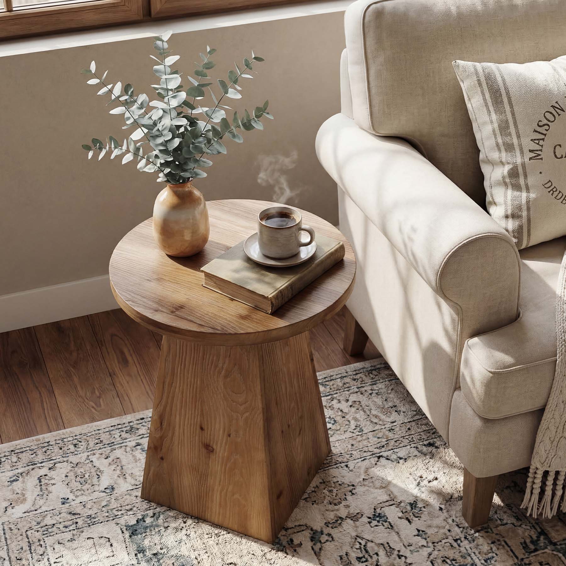Tribesigns 18.9-Inch Round Solid Wood End Table with Trapezoid Base