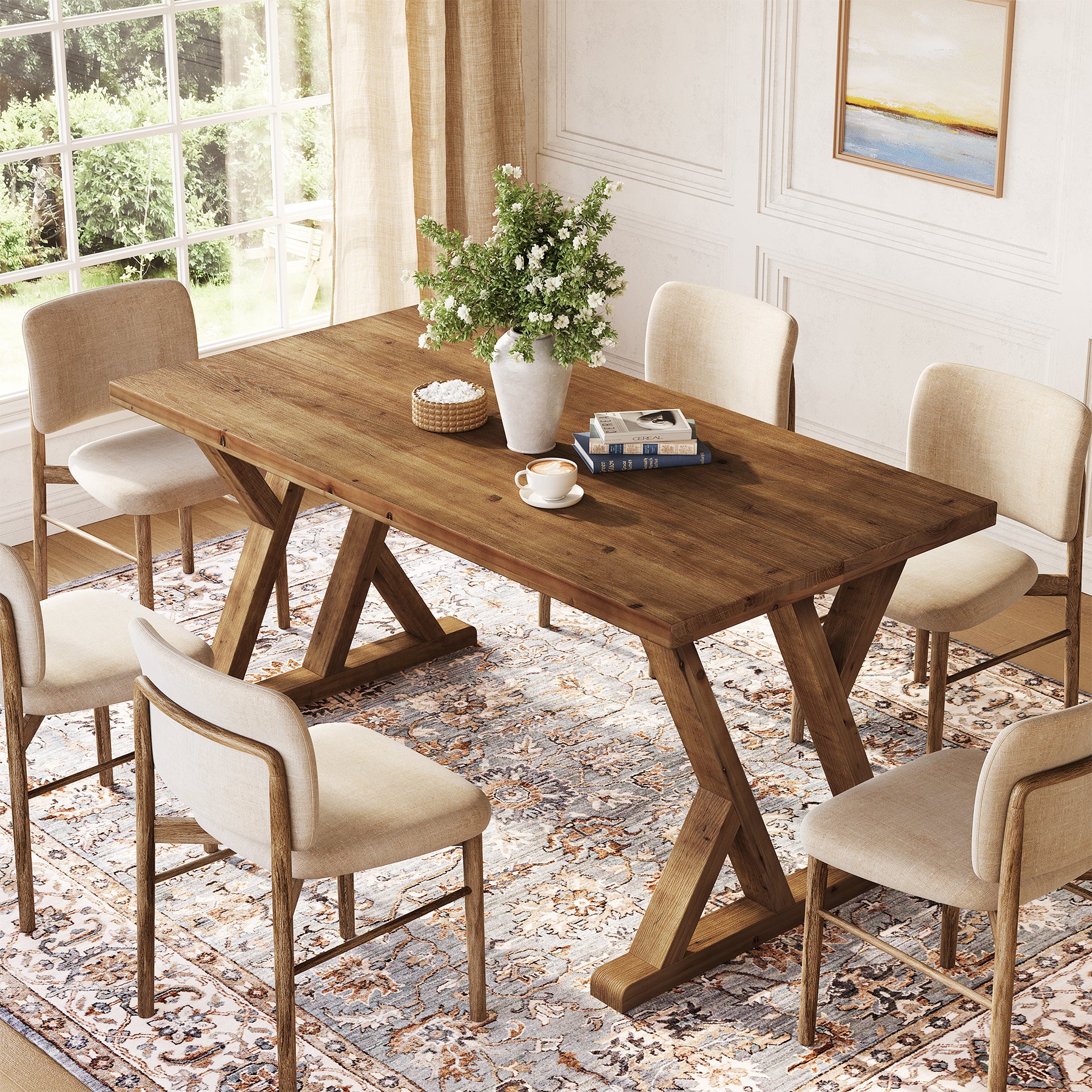 Tribesigns 63-Inch Solid Wood Dining Table with X-Shaped Legs, Rectangular Farmhouse Kitchen Table for 4-6 People Dining Room Rustic Brown