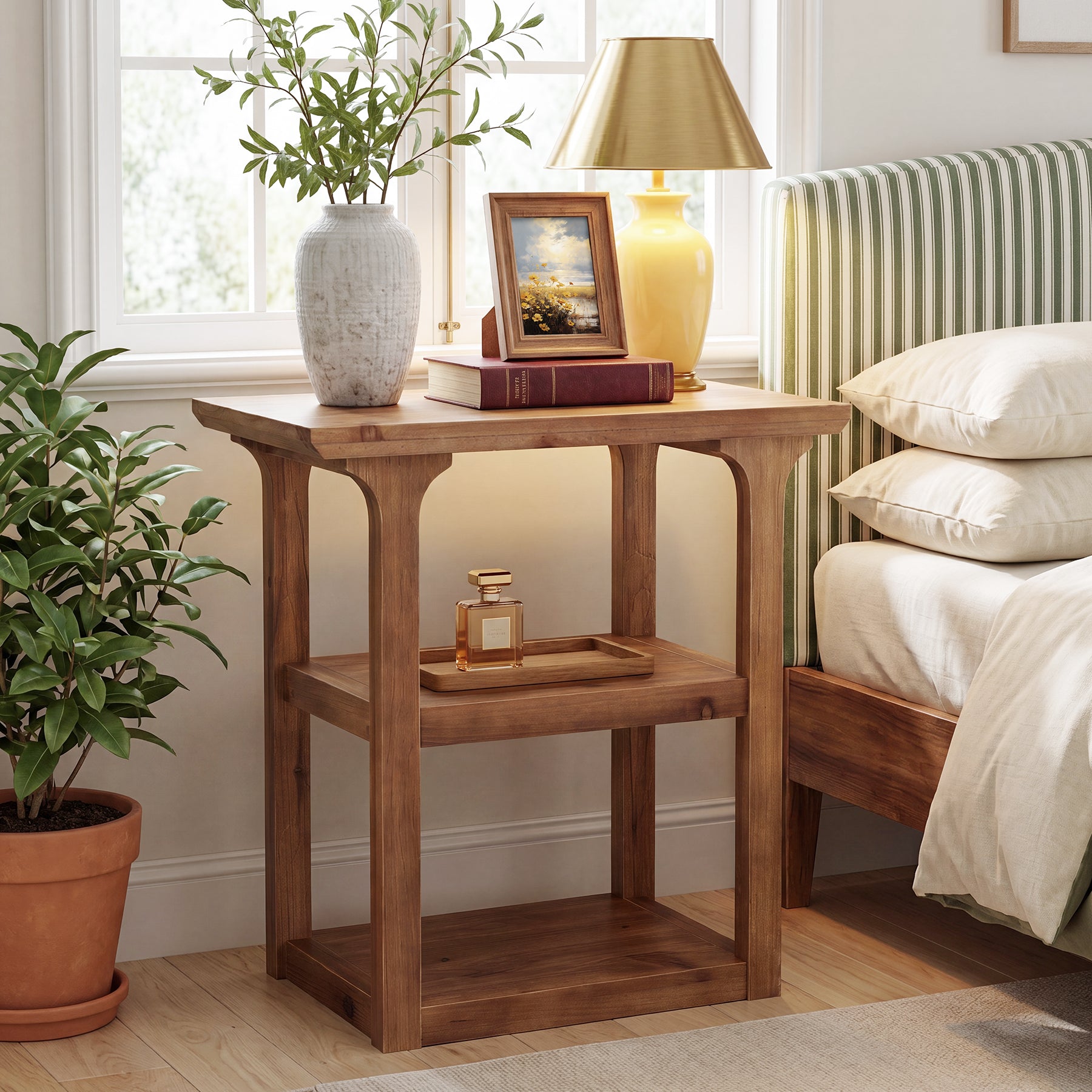 Tribesigns 23.6-Inch Solid Wood Nightstand with 3-Tier Storage, Farmhouse Bedside Table for Bedroom