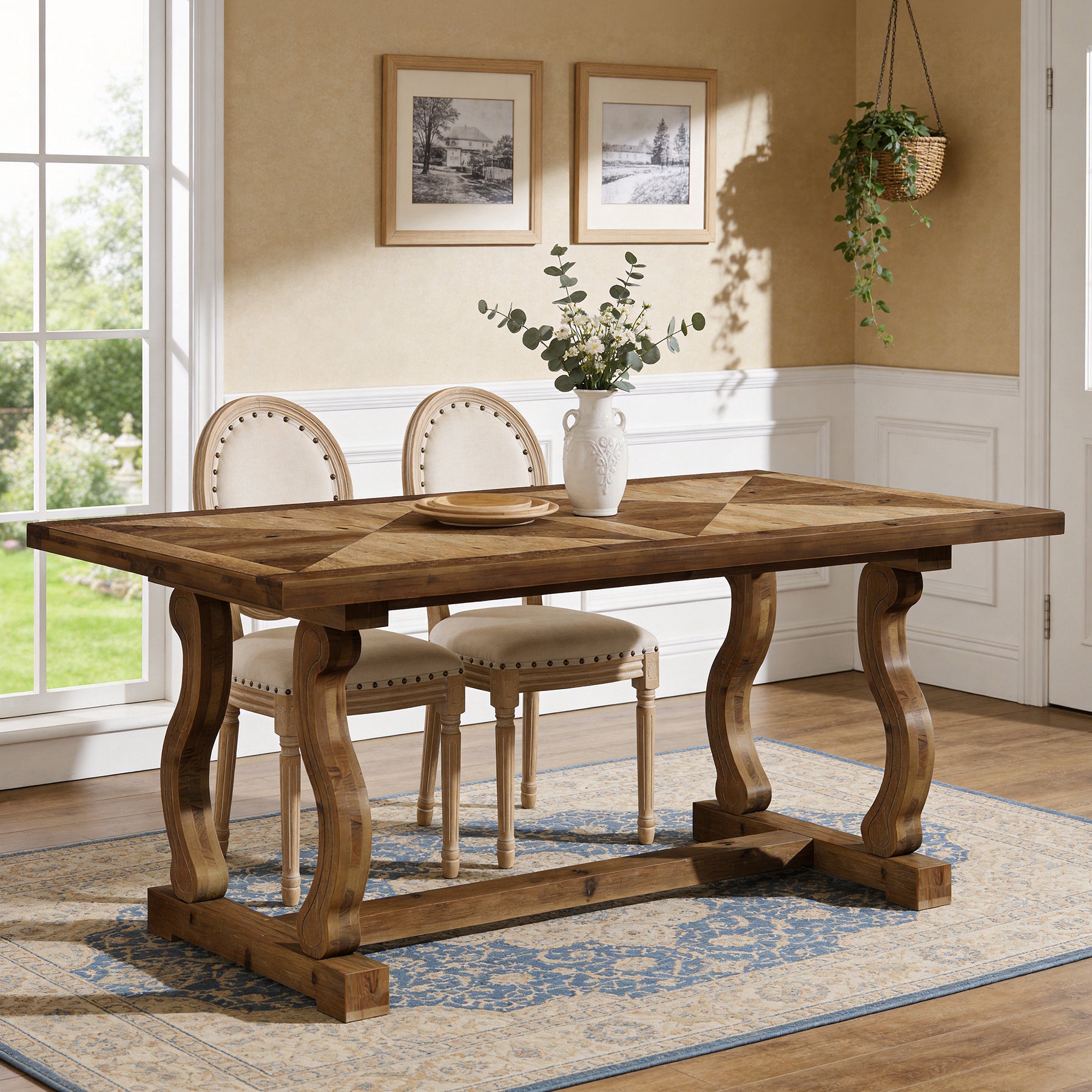 Tribesigns 63-Inch Solid Wood Dining Table with Diamond Parquetry, Farmhouse Table for Dining Room