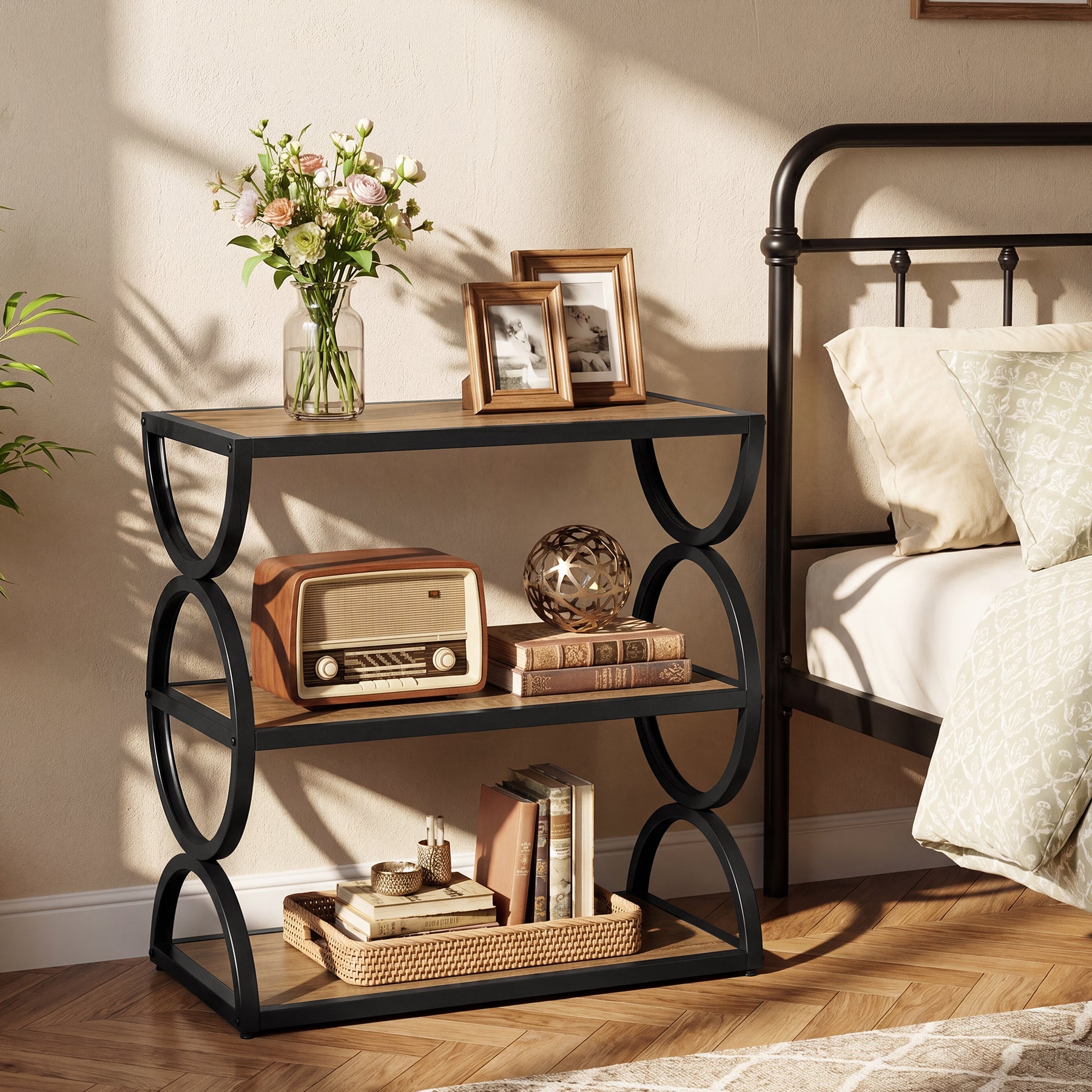 Tribesigns 23.6-Inch Nightstand with 3-Tier Storage Shelves and Circular Frame, Industrial Bedside Table for Bedroom and Small Spaces