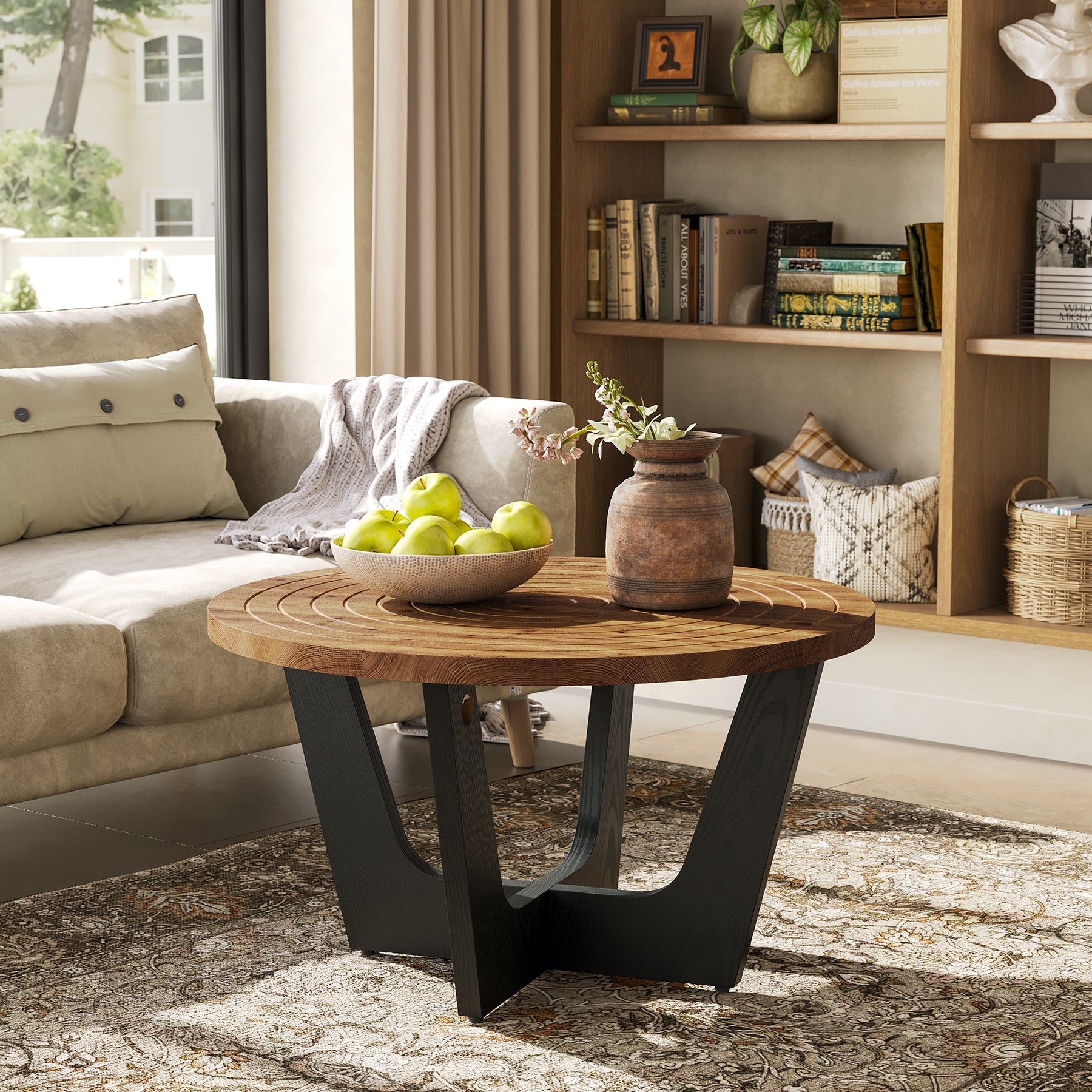 31.5-Inch Round Solid Wood Coffee Table with Ring Groove