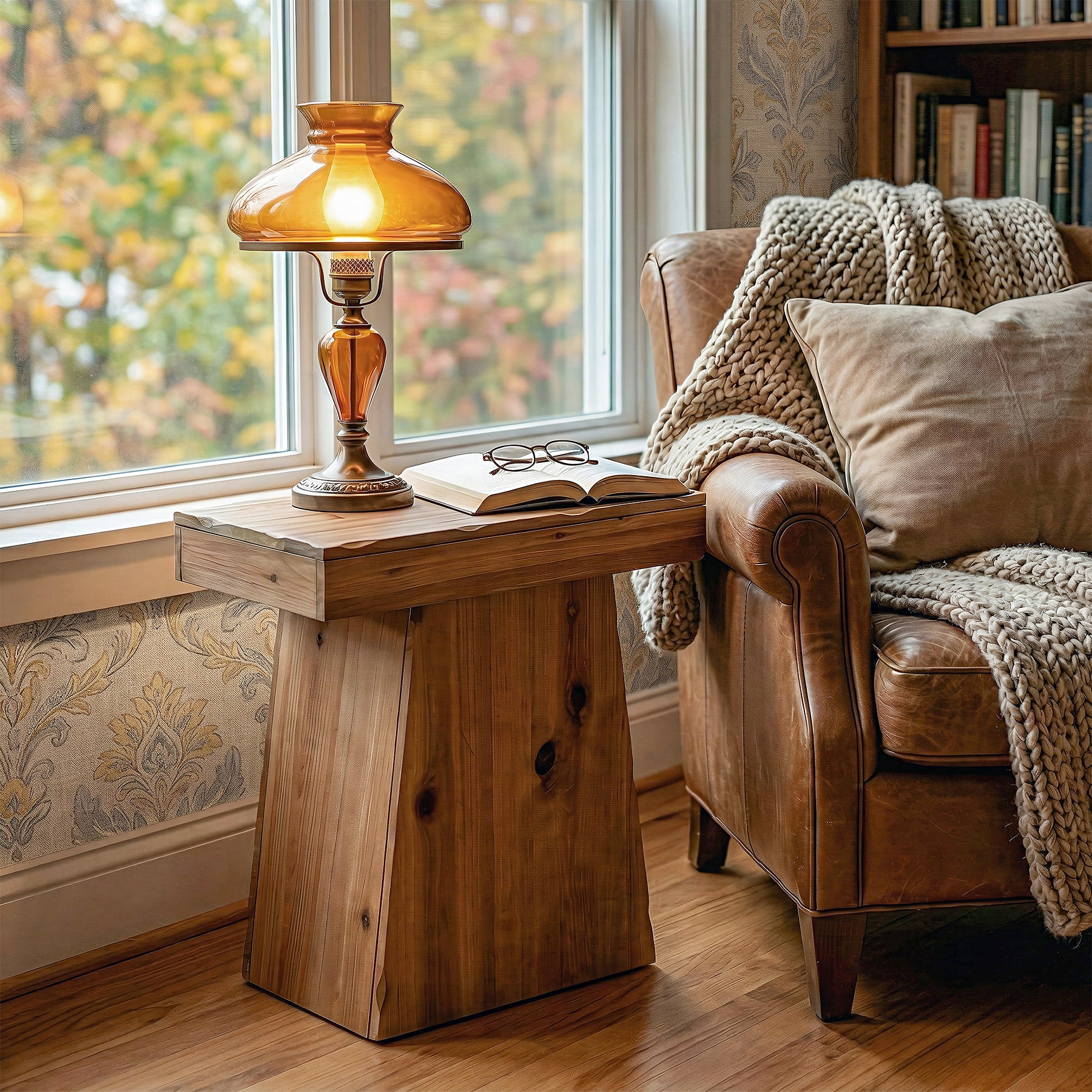 Tribesigns 23.6 Inch Solid Wood Side Table with Trapezoid Base, Rustic End Table for Small Spaces