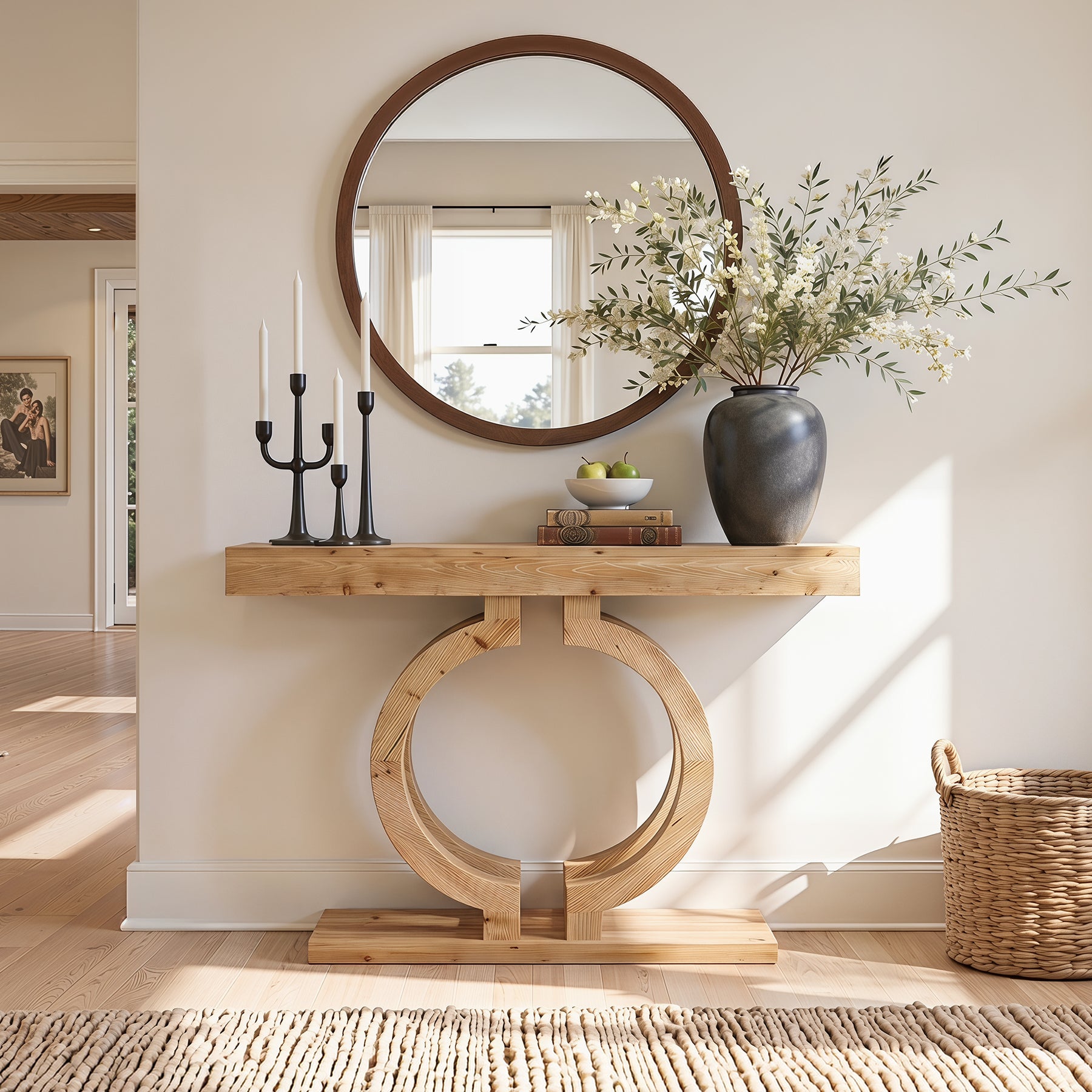 43.3-Inch Solid Wood Console Table with Double-Circle Base, Narrow Entryway Accent Table for Hallway