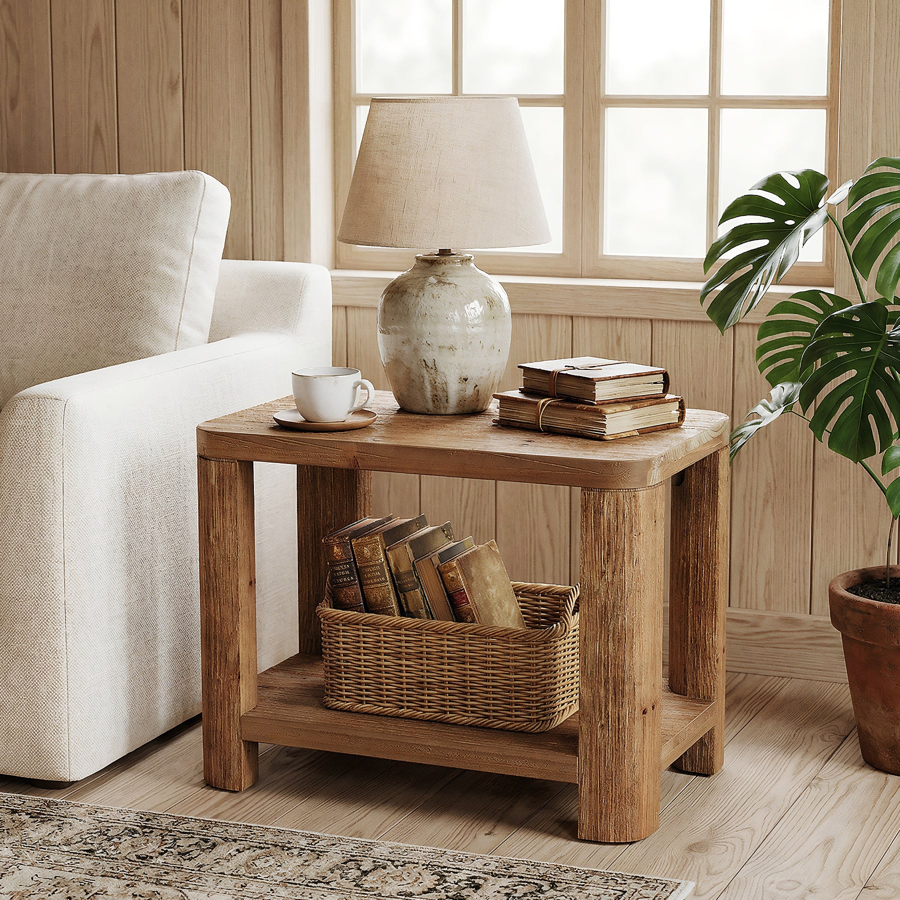 Tribesigns 27 Inch Solid Wood Side Table with 2-Tier Shelf, Farmhouse Bedside Table for Bedroom
