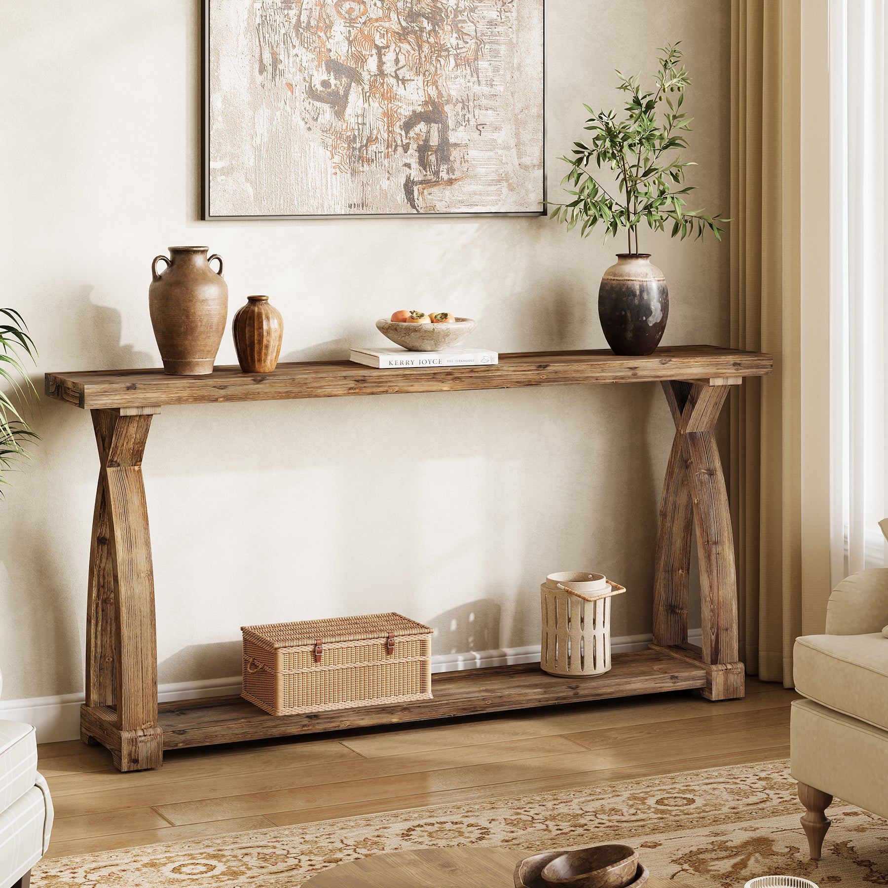 Tribesigns 63-Inch Solid Wood Console Table, Narrow Farmhouse Design with 2-Tier Storage for Entryway and Living Room